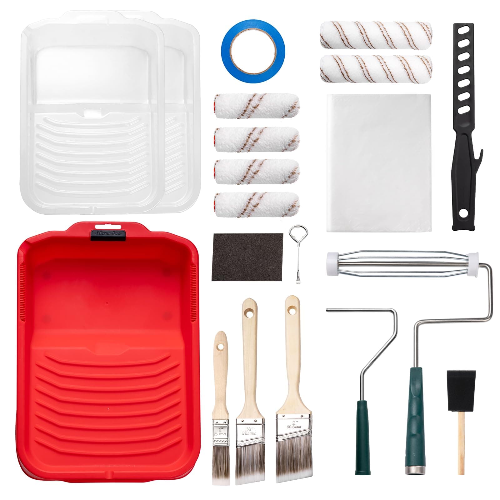 Mister Rui 9" Paint Roller Kit, 20 Piece Paint Brush and Roller Set, 4"9" Microfiber Roller Covers, Painting Supplies for DIY & Professional Painting Projects - Complete Set for Home Improvement