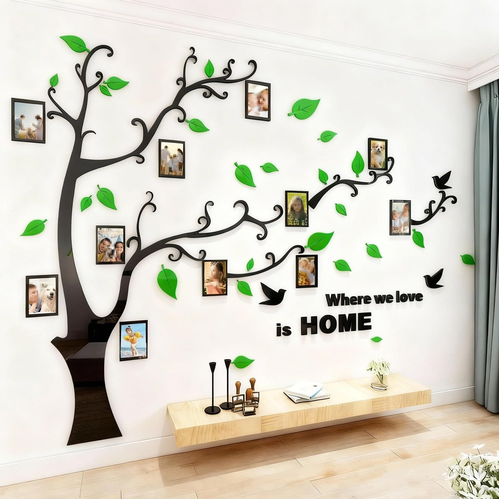 guangmu 3D Tree Wall Stickers - DIY Photo Frame Tree Wall Decal Family Photo Frame Sticker Murals Wall Decor Living Room Bedroom TV Background Home Decorations (M:83 * 59in,Green Right)