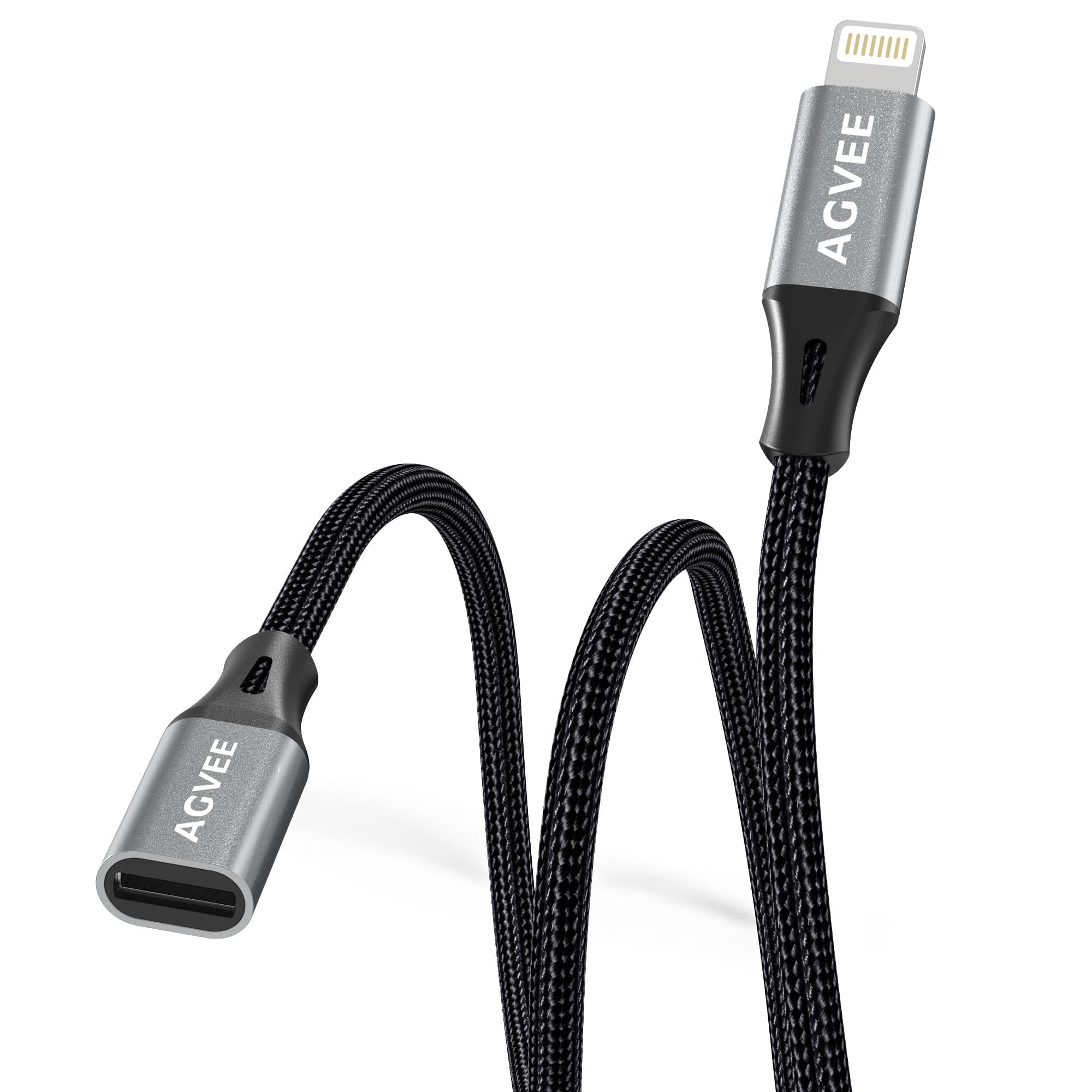 AGVEE 2 Pack 6.6ft Lightning Extension Cable, Braided Female to Male Extender Full Function Cord Compatible with iPhone iPad, Data Sync Video Audio & Charging Connector Adapter, Dark Gray
