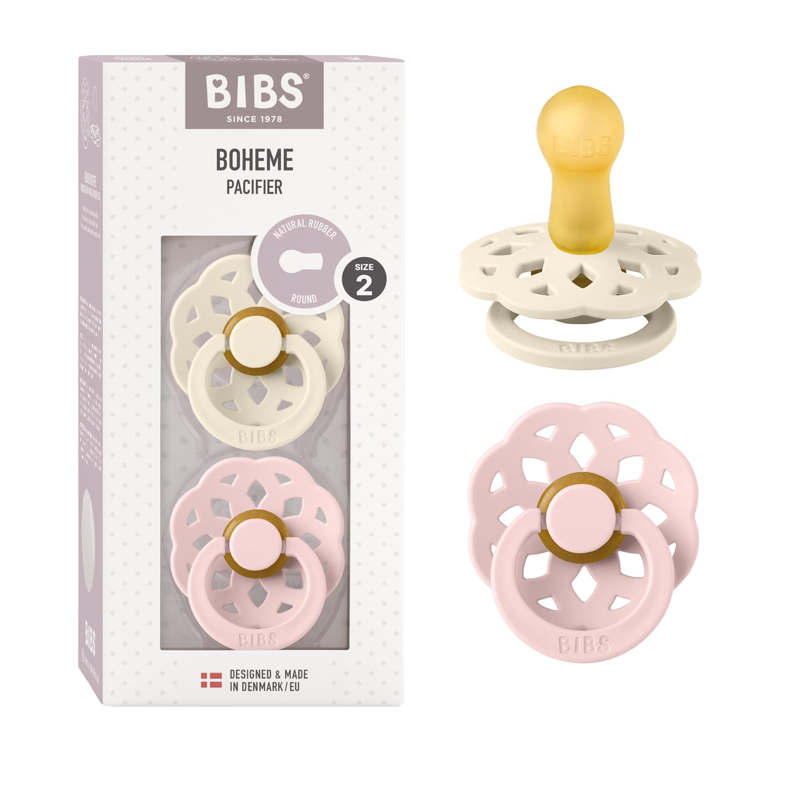 Bibs Boheme Natural Rubber Latex Round Pacifier Size 2-6-18M 2-Pack - Ivory/Blossom