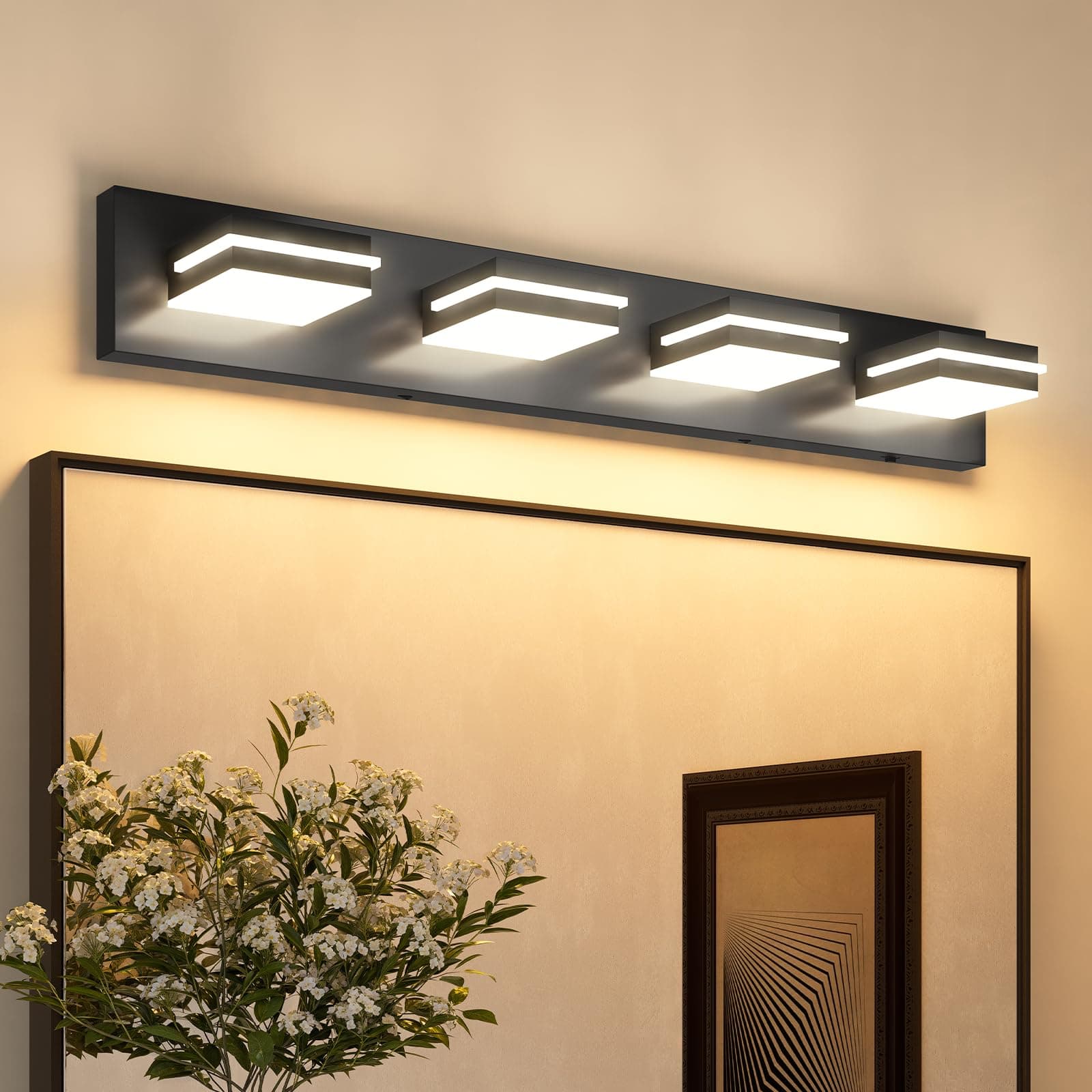 VOLISUN Modern 30-Inch 4-Light Black LED Bathroom Vanity Light Fixtures Over Mirror, 5CCT Dimmable, ETL Certificated