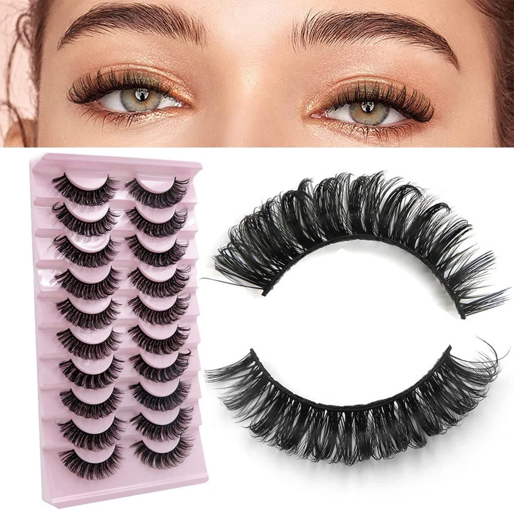 10 Pairs False Eyelashes - Russian Strip Lashes,Thick DD Curl Fluffy Wispy Faux Mink Lashes Reusable Natural Soft Eye Lashes (D-003)