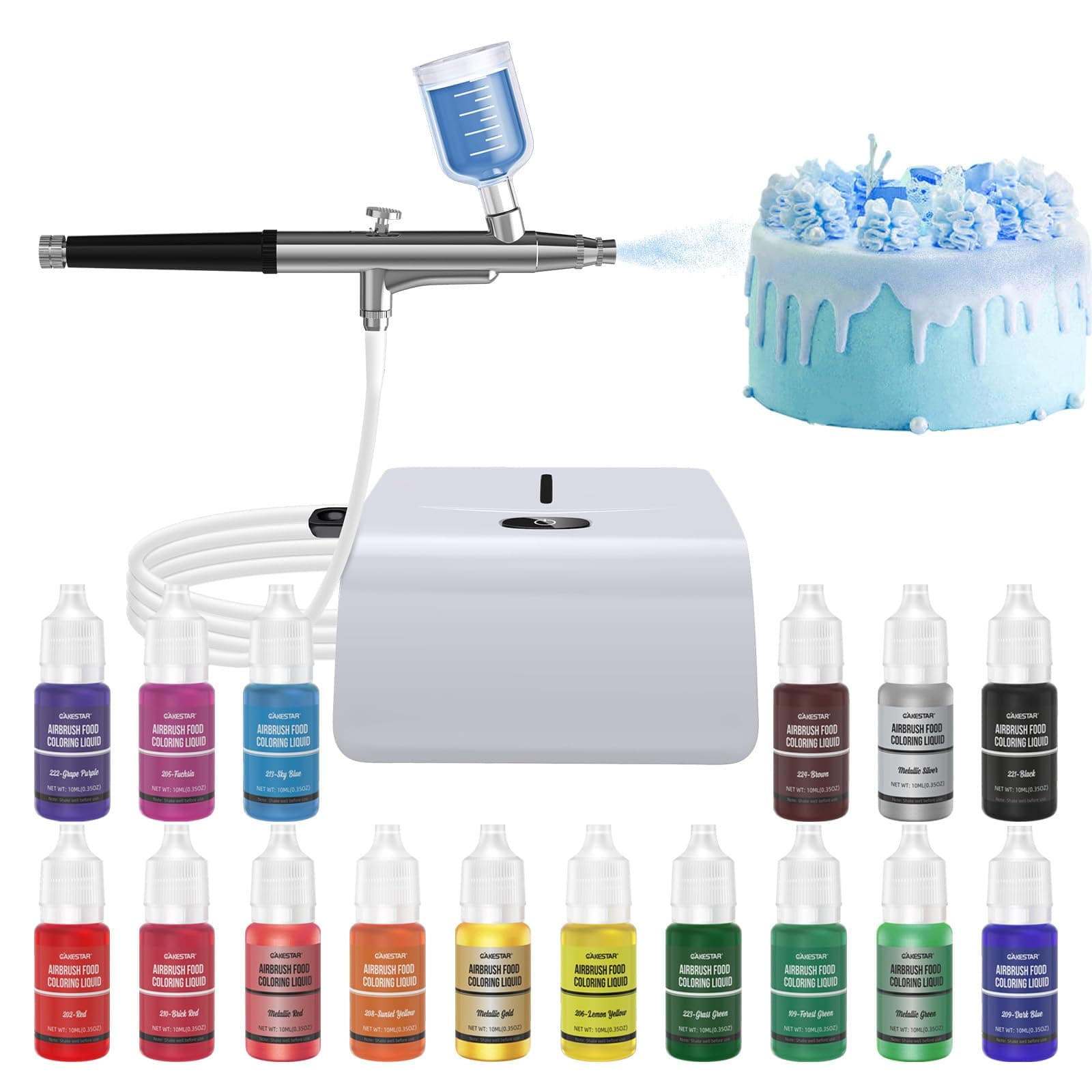 Cakestar Cake Airbrush Decorating Kit with Compressor, Cookie Airbrush with 12 Food Coloring Liquids and 4 Metallic, Food Airbrush Set for Dessert, Cupcakes Decorating