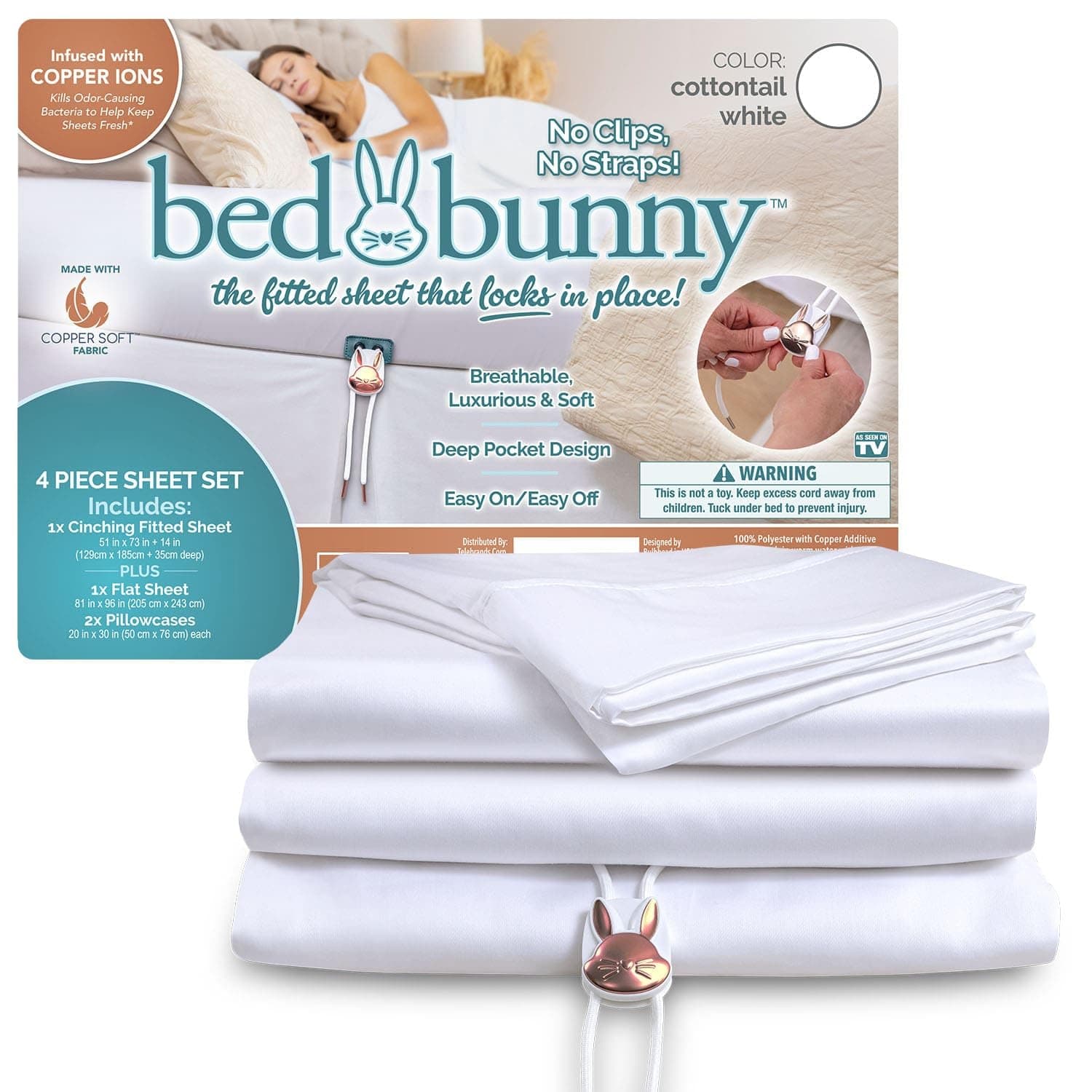 Bed Bunny Locking Fitted Sheet, Hugs Mattress, Won’t Slip, Stays Tight, AS-SEEN-ON-TV, CopperSoft™ Luxurious Comfort, Copper Infused, Helps Sheet Stay Fresh Between Washes. (Fitted Sheet Only)