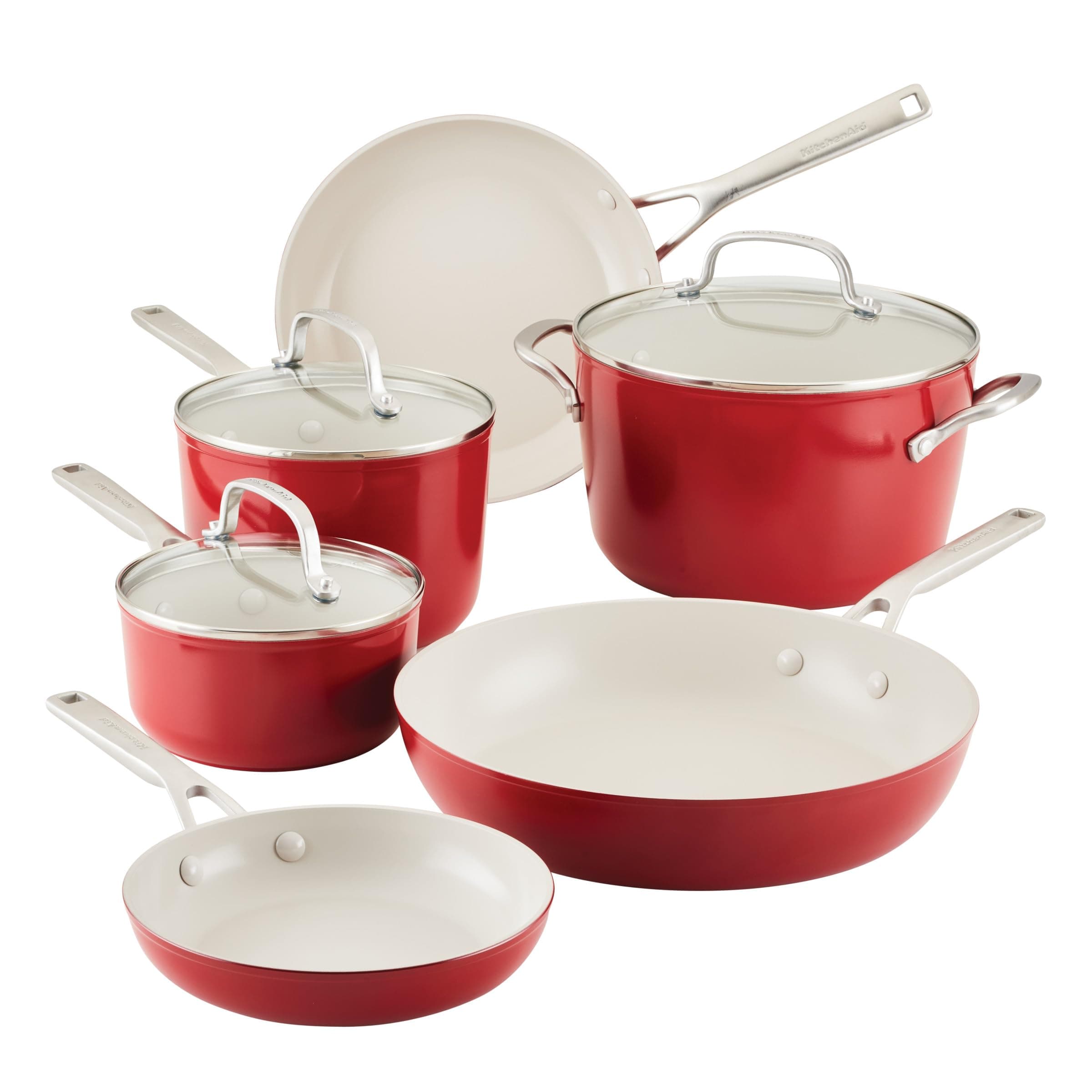 KitchenAid Hard Anodized Ceramic 9-Piece Nonstick Cookware Set – Includes Fry Pans, Saucepan, Stockpot, Durable, Even Heating, Oven Safe to 500°F, Empire Red