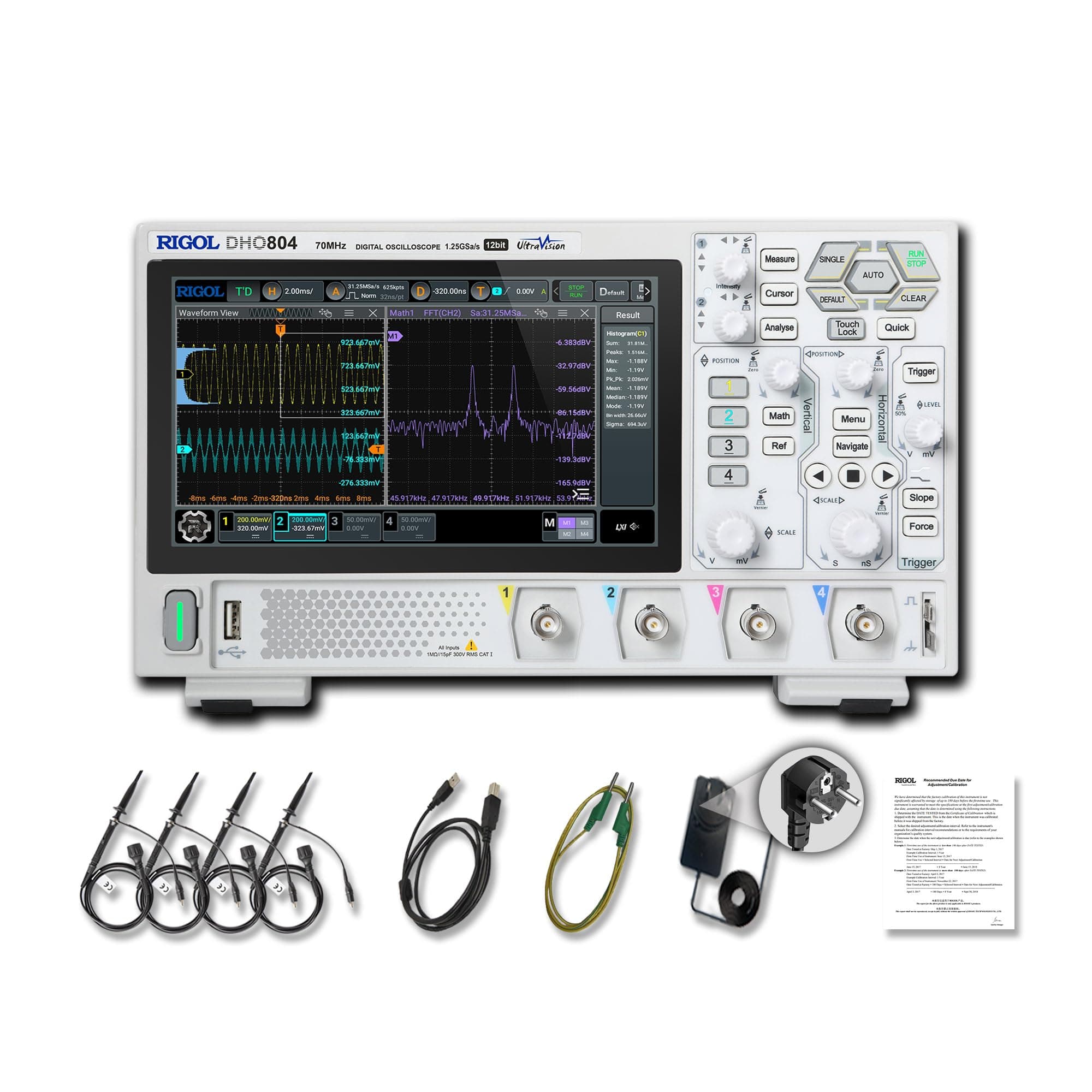 Digital Oscilloscope DHO804 70 MHz 4-Ch 1.25 GSa/s 12-bit 25 Mpts UltraAcquire 1,000,000 wfms/s 7" Touch LAN/USB/HDMI Web Control SCPI for Power Ripple Embedded Debug