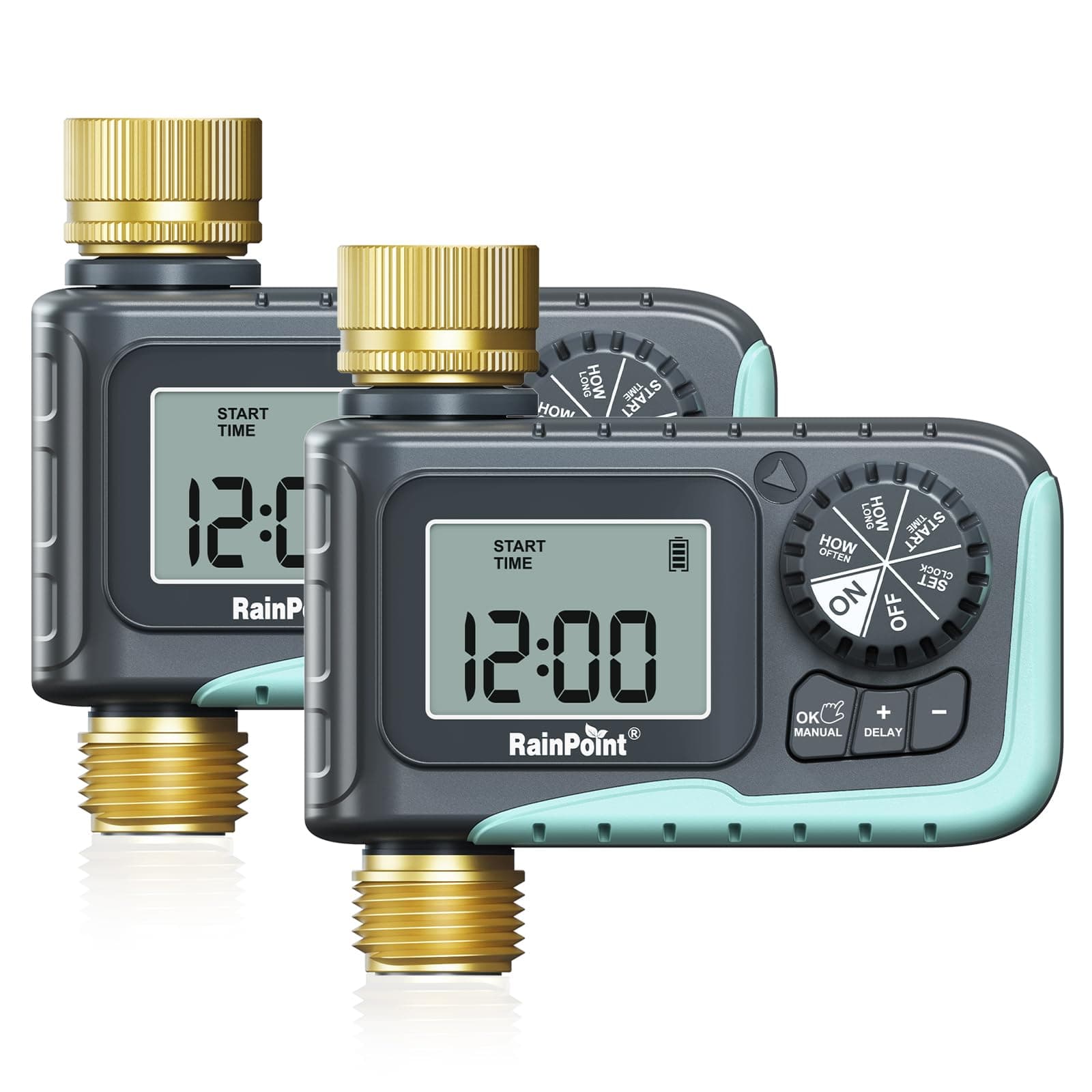 RAINPOINT Sprinkler Timer with Brass Inlet & Outlet, Programmable Hose Timer for Garden Soaker Hose with Rain Delay/Manual Watering System, Digital Drip Irrigation for Yard, Lawn(2PCS)