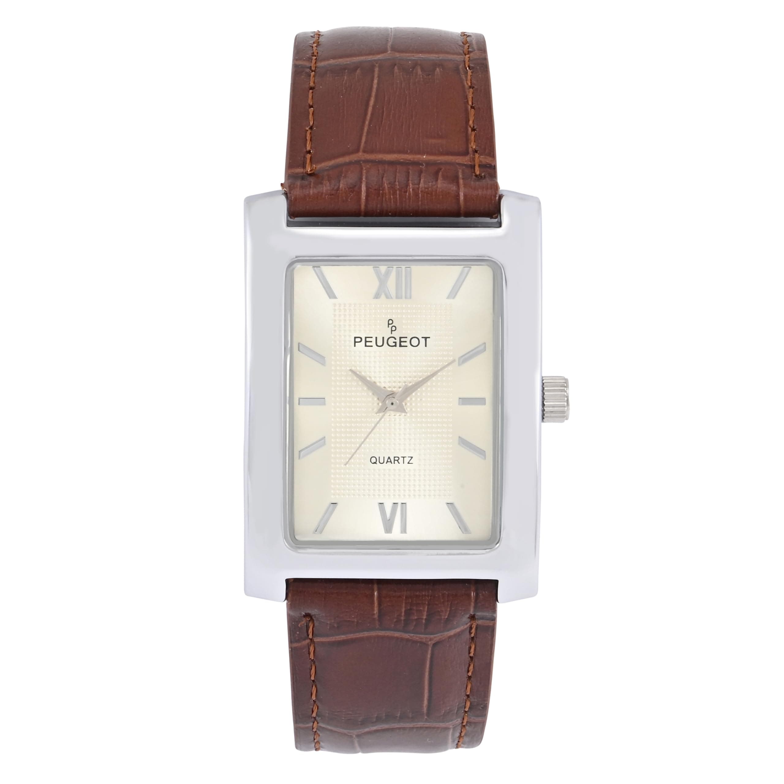Men's Rectangular Textured Roman Numeral Dial Classic Dress Wrist Watch with Leather Strap Band