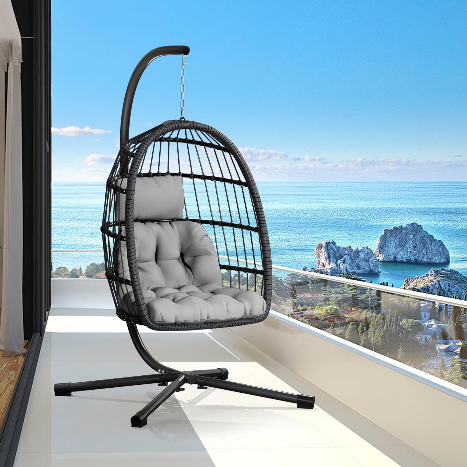 Egg Chair with Stand,Patio Rattan Wicker Hanging Swing Egg Chair Hammock Chair for Bedroom Porch Garden,Thickened Aluminum Alloy Steel Frame and UV Resistant Cushion,350LBS Capacity