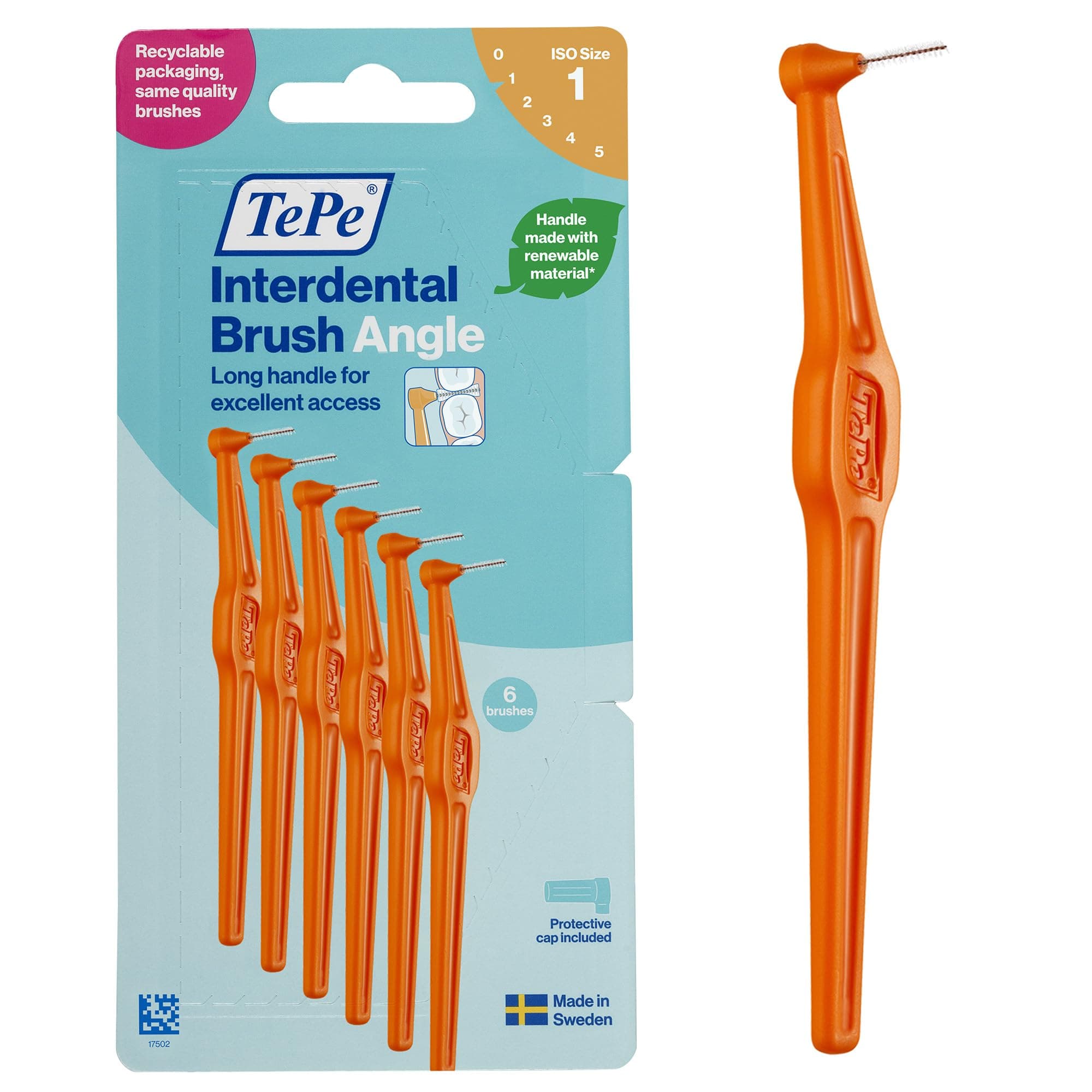 TePe Interdental Brush Angle, Orange, 0.45mm/ISO 1, 6pcs, Interspace Cleaning, Plaque Remover for Teeth with Narrow Gaps, ensures Strong Gums, Carton Pack