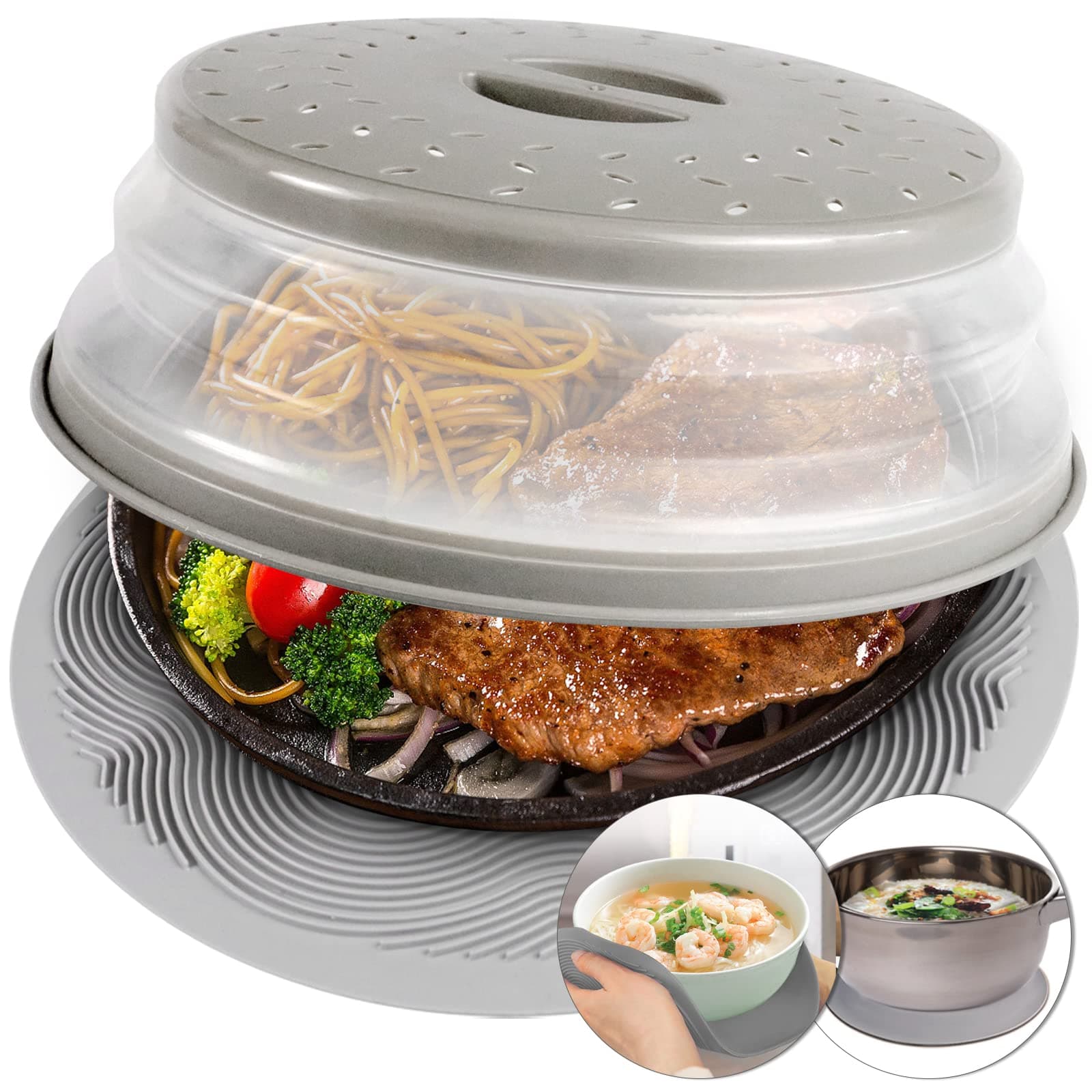 Aidacom - Tappetino per microonde e copertura per alimenti, 2 in 1, come supporto per ciotola, copertura per paraschizzi, multiuso: sottopentola in silicone, presine, asciugatura, cottura,