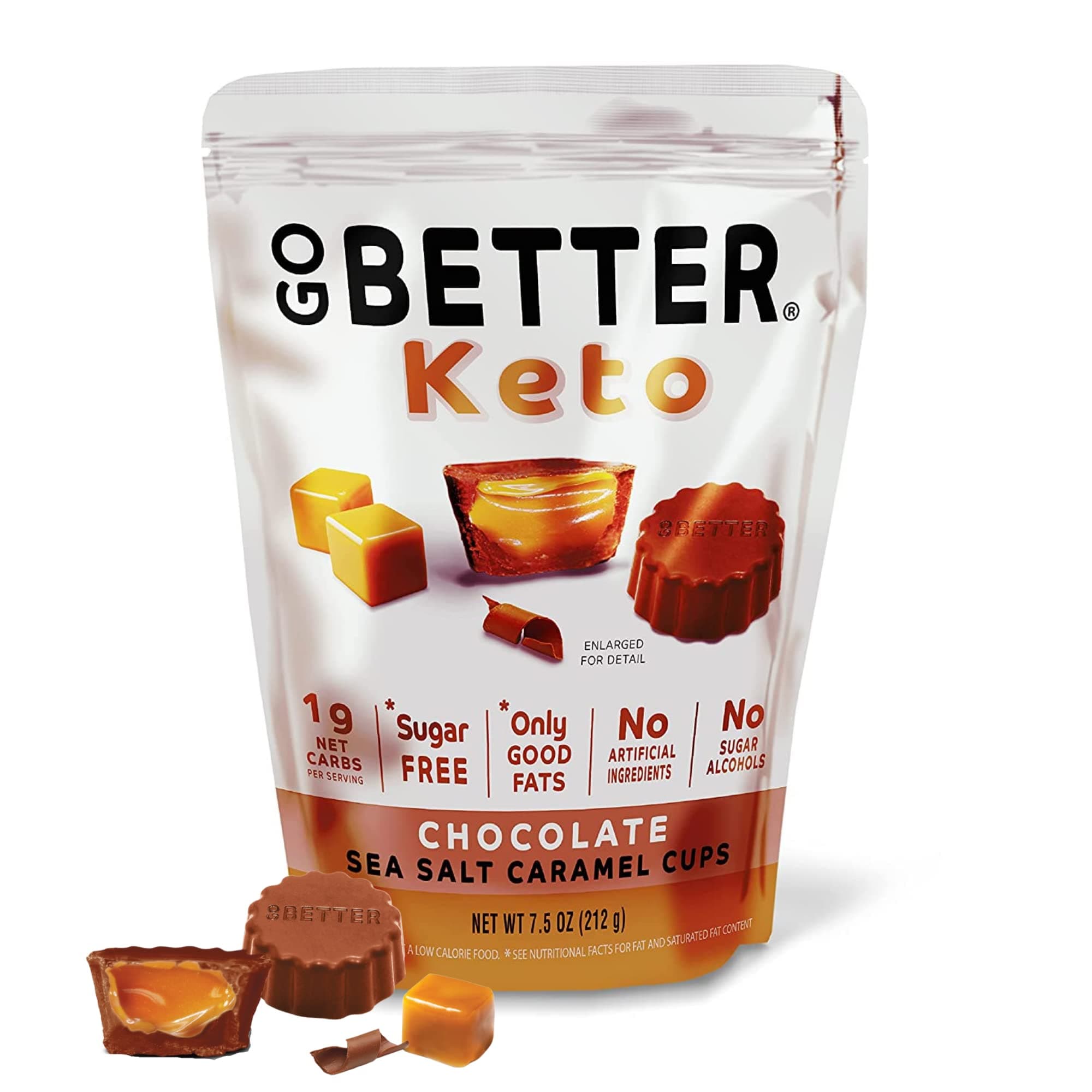 GO BETTER Keto Chocolate Caramel Cups - 7.5 oz Bag - 1g Net Carb, No Sugar, No Sugar Alcohols, No Artificial Ingredients, No Preservatives, Gluten Free