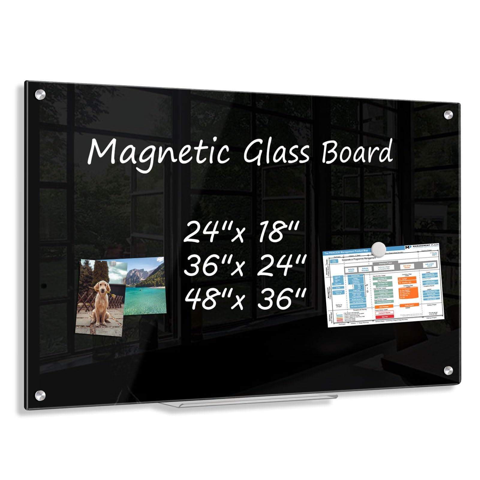Black Dry Erase Board, 48'' x 36'' Magnetic Large Black Glass Board Frameless Wall Mounted Glass Whiteboard for Office, School & Home with 1 Acrylic Marker Tray & 6 Strong Magnets