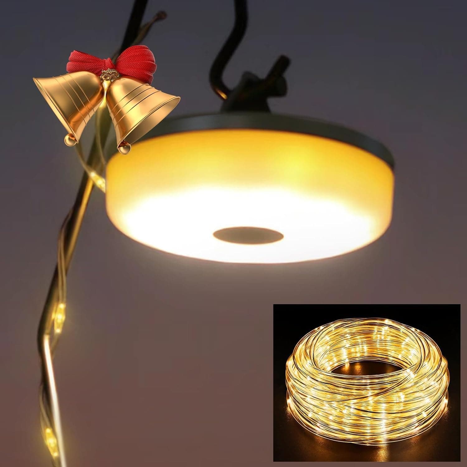 HAMLITE Camping String Lights: 2 in 1 Outdoor Waterproof Portable Stowable Fairy Light with 5 Modes(32.8Ft) - USB Rechargeable RGB String Lights for Garden, Patio, Summer Camping, Tent & Party Decor