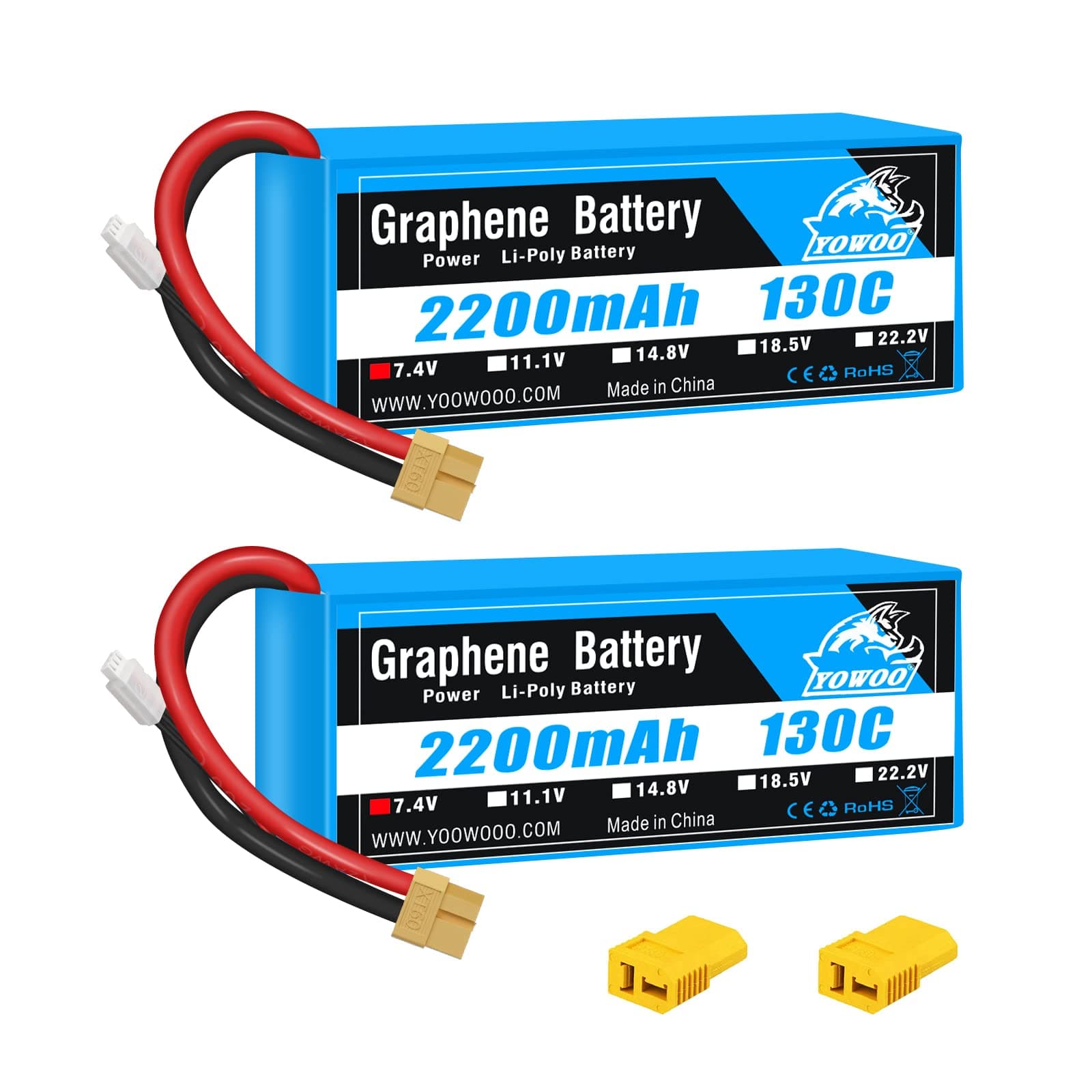 Yowoo 2 Pack 2S Lipo Battery 2200mAh 7.4V 130C Soft Case Graphene Battery with XT60 and Deans T Plug for RC Evader BX Car Truck Truggy RC Quadcopter Helicopter Airplane UAV Drone FPV RC Models