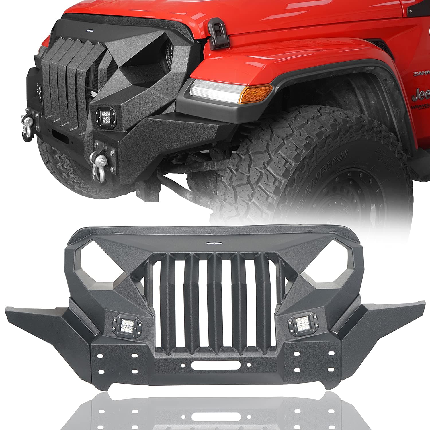 Mad Full Width Front Bumper w/Steel Grille & Winch Plate & LED Spot Lights for Jeep Wrangler JL/Jeep Gladiator JT 2018-2025