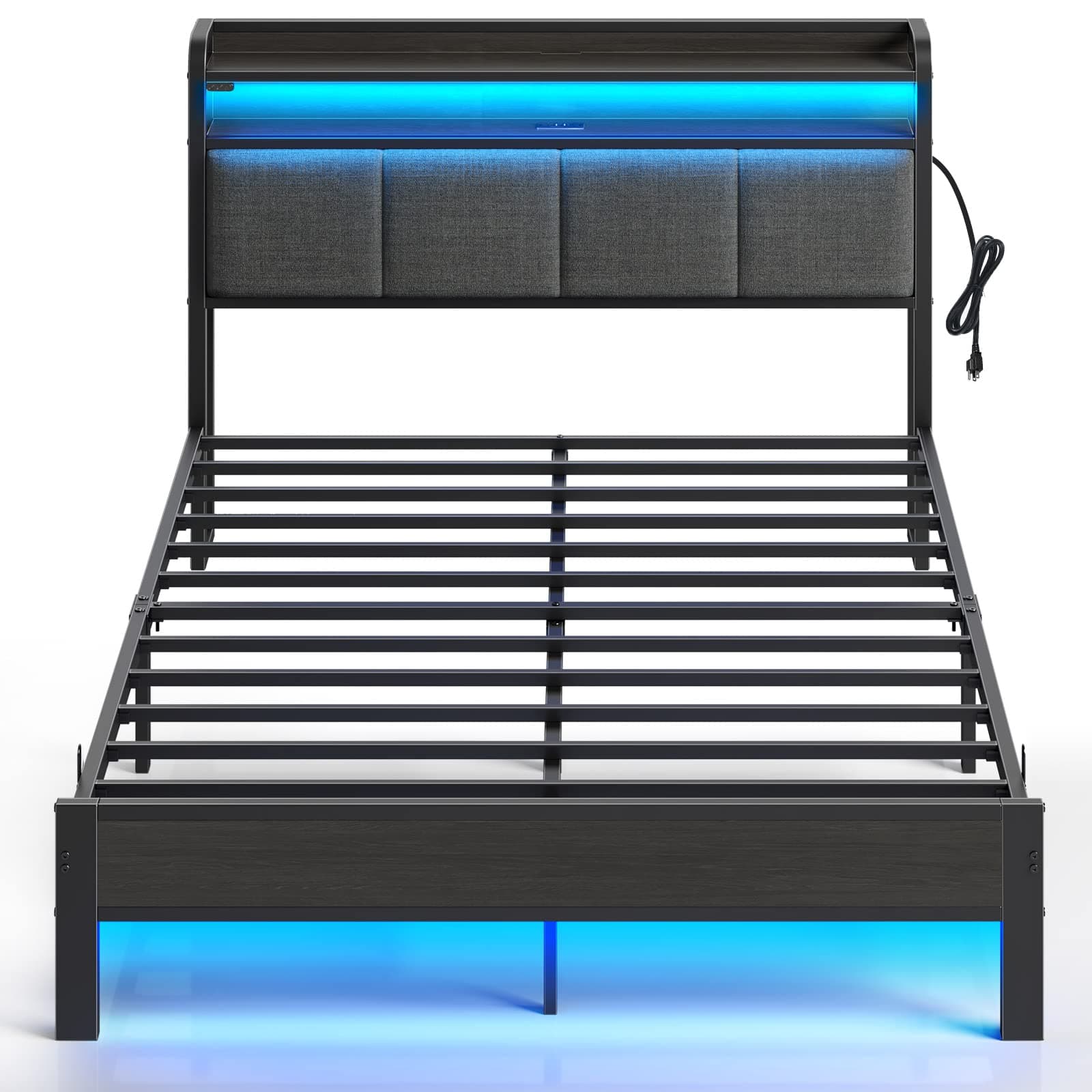 RolanstarFull Size Bed Frame with LED Lights, Upholstered Headboard, Charging Station, Storage Shelves, Heavy Duty Metal Slats, No Box Spring Needed, Noise Free, Easy Assembly, Dark Grey