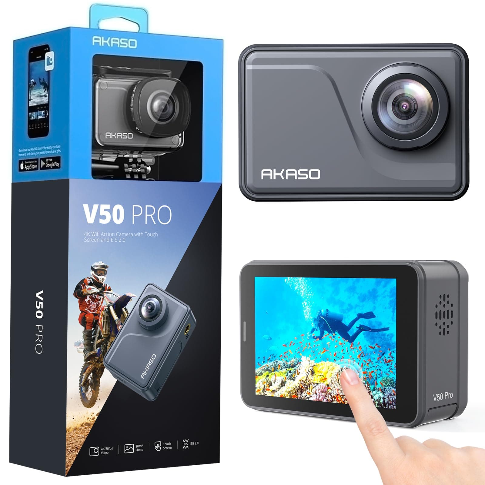 AKASO V50 Pro Native 4K30fps 20MP WiFi Action Camera with EIS Touch Screen 100 feet Waterproof Camera Web Camera Support External Mic Remote Control Sports Camera with Helmet Accessories Kit