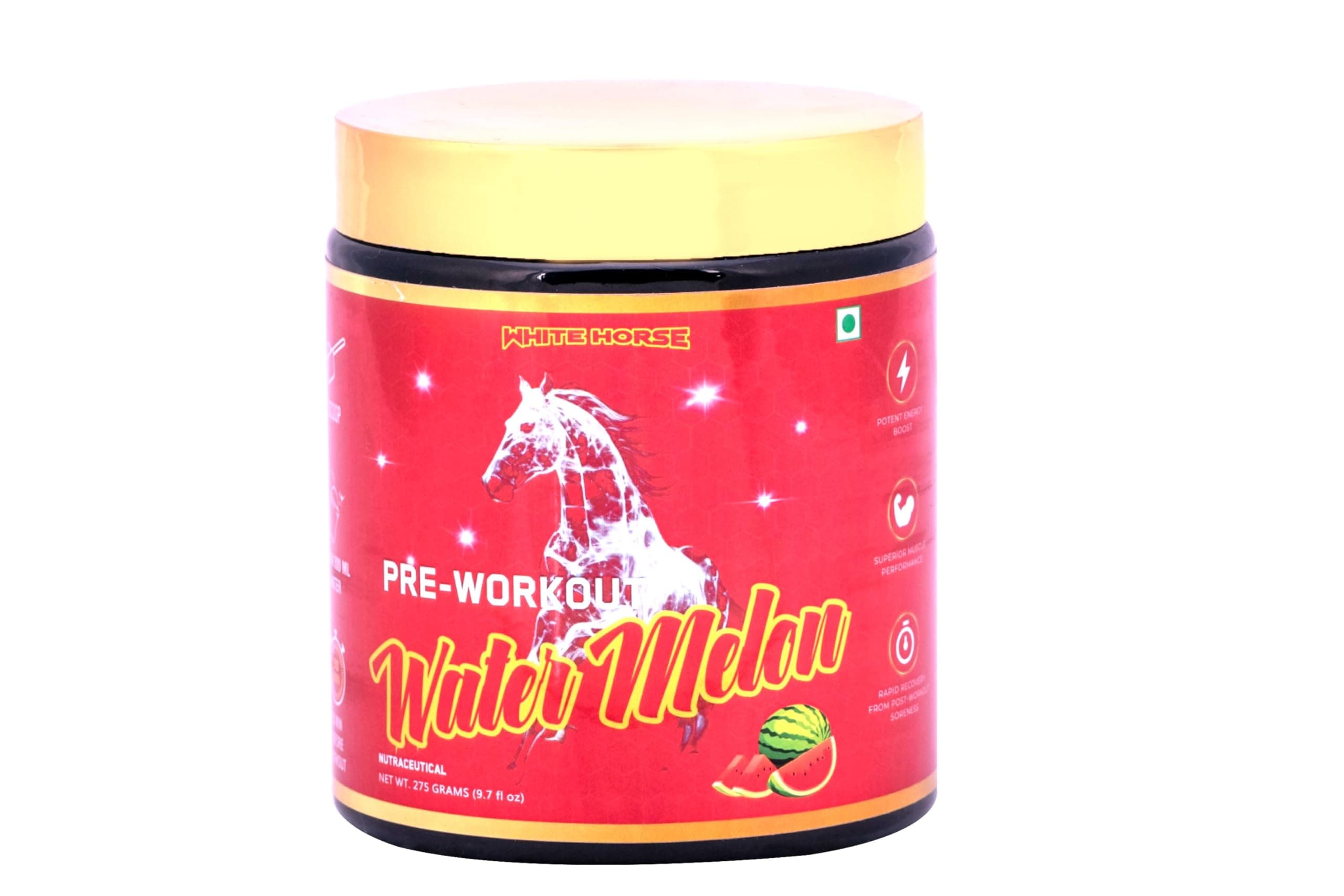 NutriSpark White Horse- Pre work out Workout Supplement with Creatine HCl, Beta-Alanine, Glutamine - Energy and Muscle Management, Unisex-Watermelon 275gm