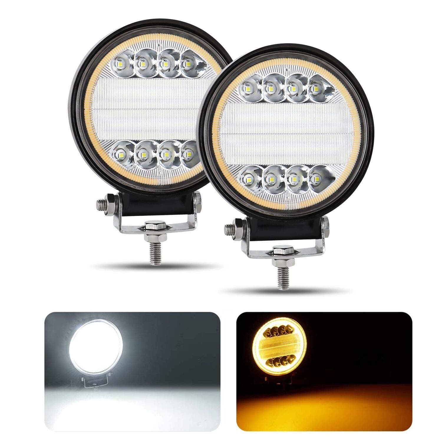 LED Work Light for Truck, Round LED Light Pods 4.5" 96W LED Light Bar 2PCS Spot Flood Combo Amber Light Off Road Driving Lights for ATV UTV SUV Pickup Boat
