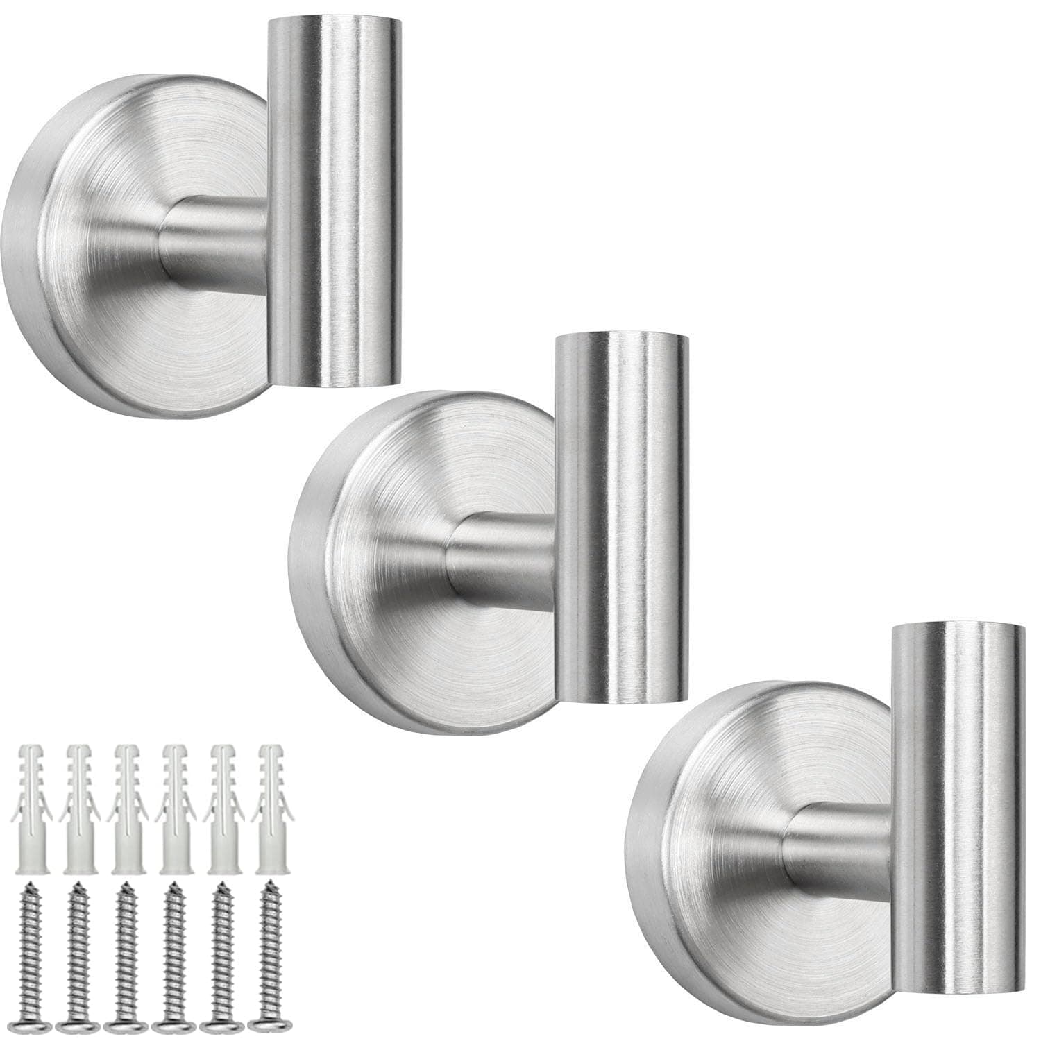 TocTen Towel Hook for Bathroom, 3 Pack Wall Mounted Robe Hook, SUS 304 Stainless Steel Coat Hook, Heavy Duty Door Hanger Towel Hook for Bathroom Kitchen Office and Cabinet(Brushed Nickel,3 Pack)