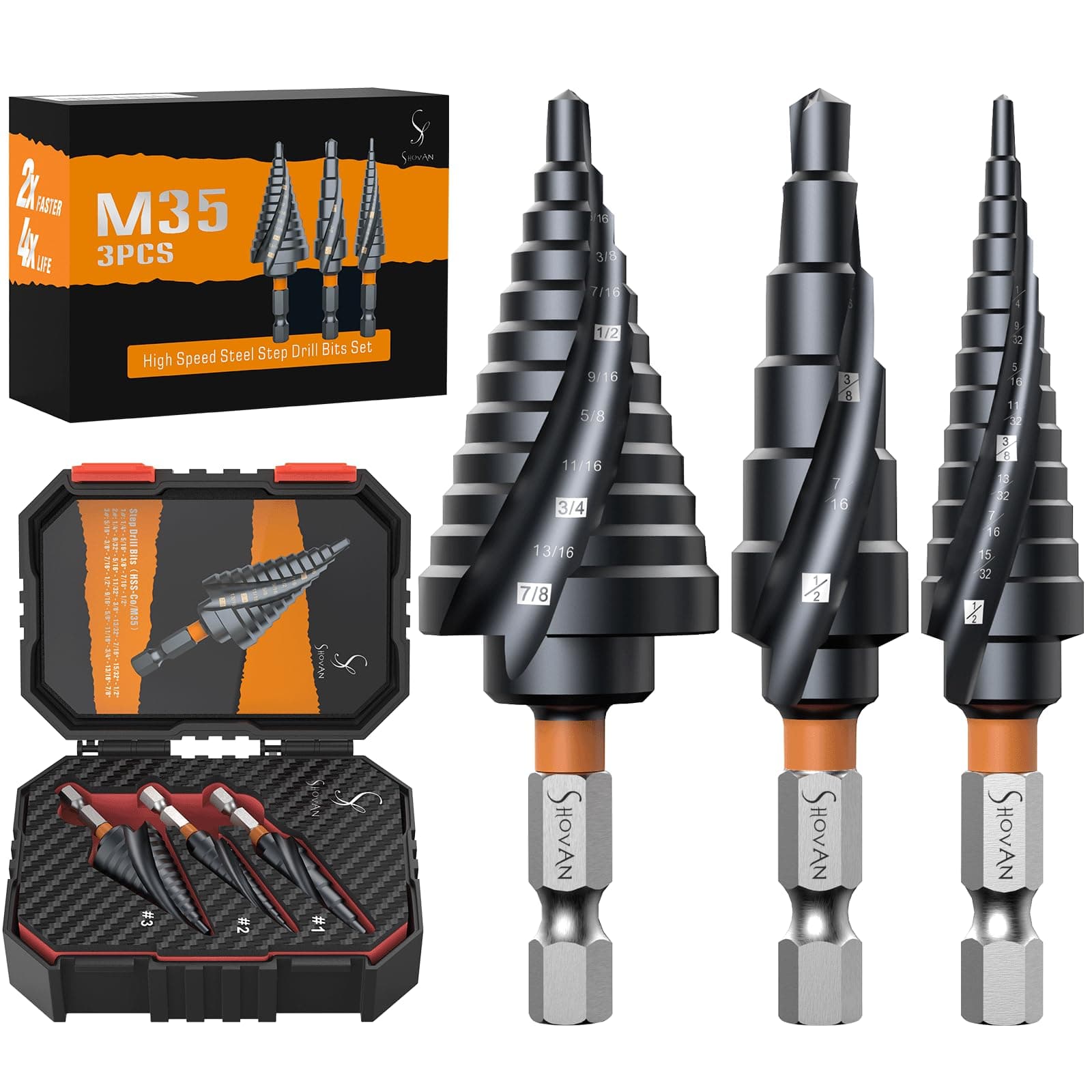 3PCS Premium HSS & M35 Cobalt Spiral Step Drill Bit Sets (1/4"-7/8"), TiAlN Coated for Superior Durability, Cone Drill Bit for Sheet Metal, Stainless Steel, Aluminum, Wood, Plastic and DIY Projects