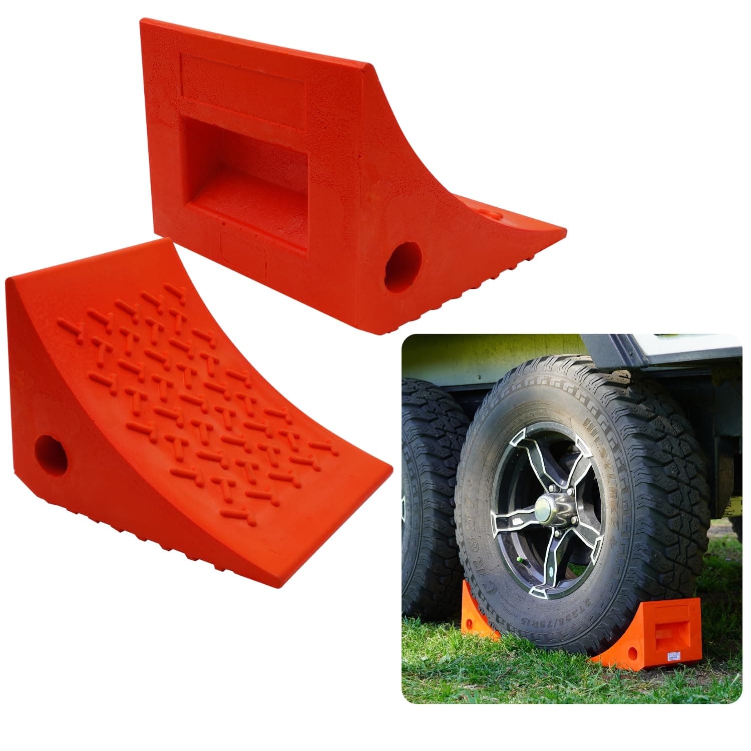 SECURITYMAN Heavy Duty Wheel Chocks (2 Pack) - Durable, Non-Slip, Solid Rubber Wheel Chocks for Boat Trailers, RV, Truck, Camper - Perfect on All Surfaces and in All Weather - Orange…