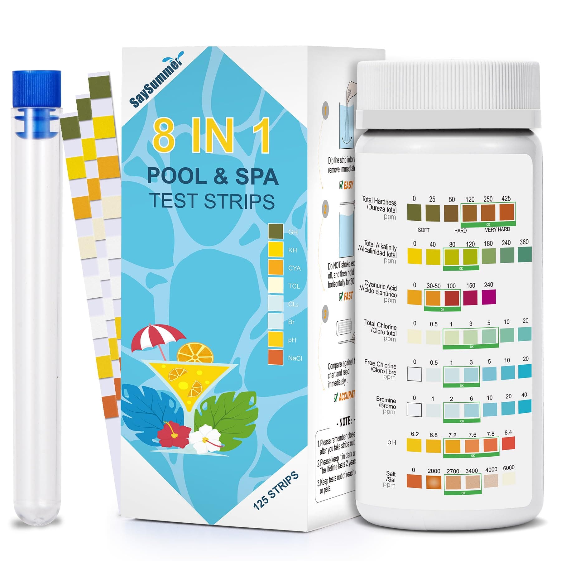 Salt-Water Pool Test Strips Kit: 125 Counts 8-in-1 for Salt Water Pool Testing Kit, Salt Pool Test Strips for Hot Tub Spa Testing Salt Chlorine pH and More