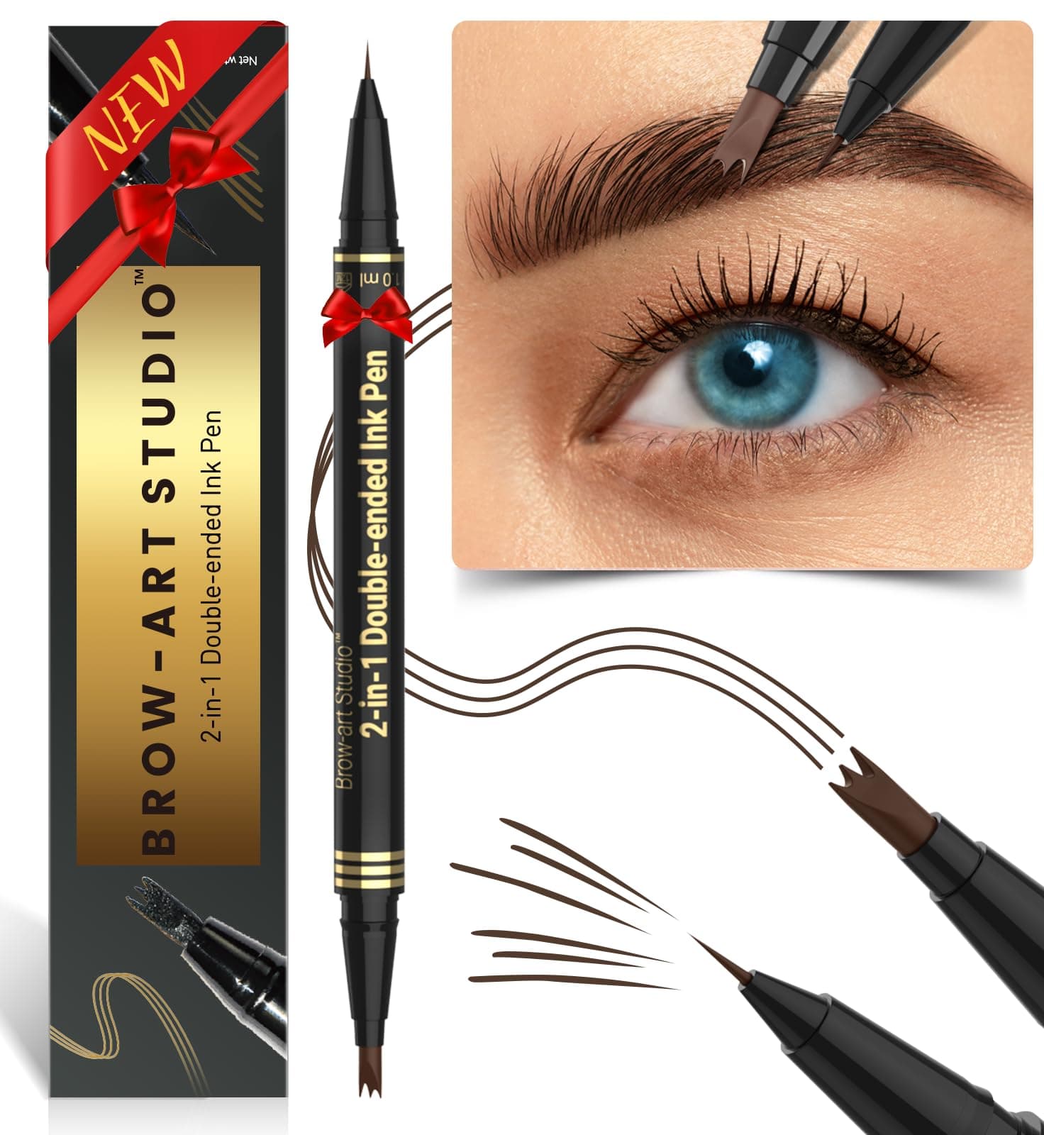 Microblading Eyebrow Pencil - Brow Pencil 2-in-1 Dual-Ended Eyebrow Pen with 3-Prong Micro-Fork-Tip Applicator and Precise Brush-Tip Creates Natural-Looking Brows, Stay on All Day, Dark Brown