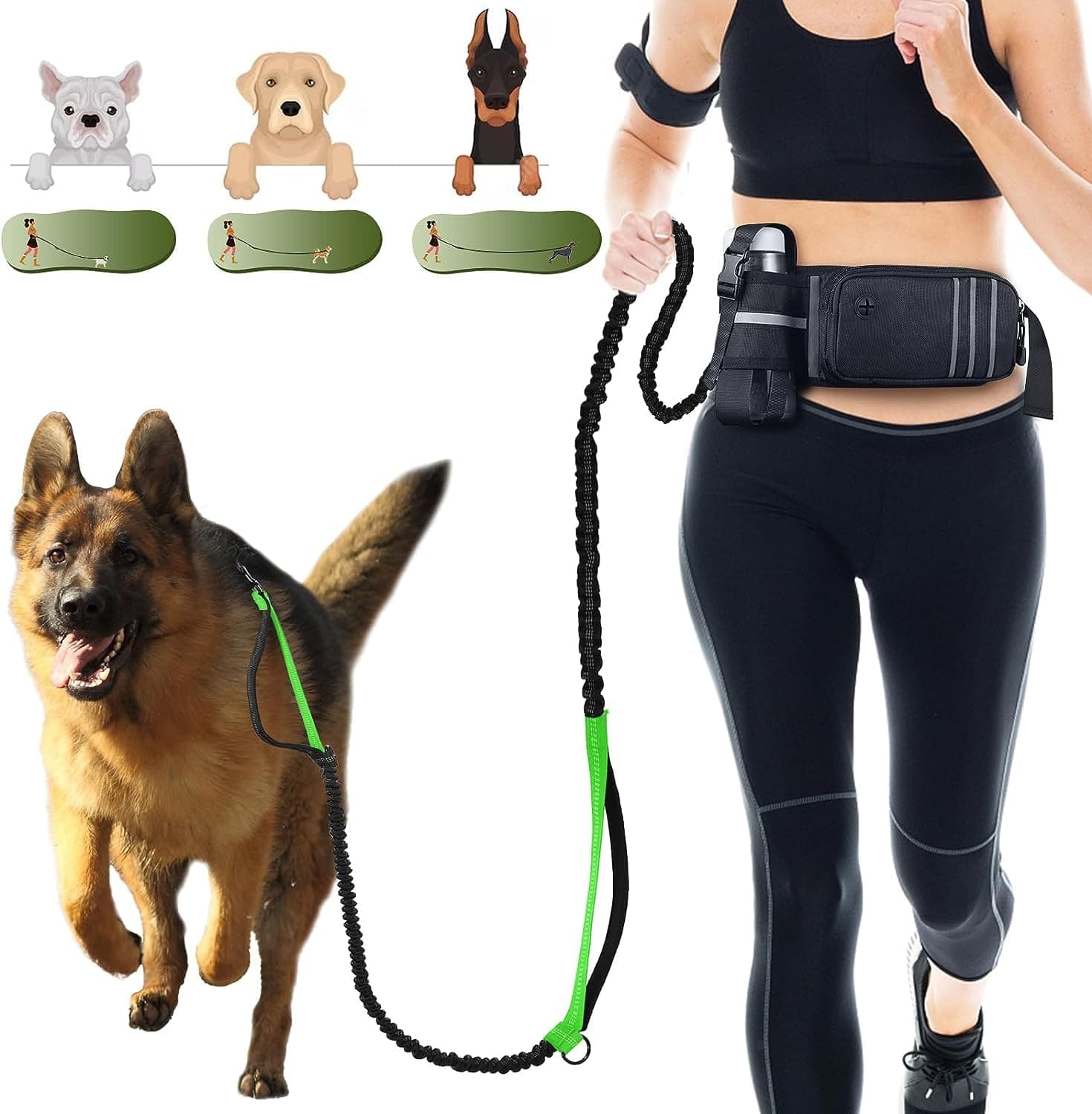 Hands Free Dog Leash with Waist Bag【Medium&Large Dogs, 25-100 lbs】 Dog Running Leash for Training Hiking Jogging Running Walking,Adjustable Waist Belt Professional Harness with Reflective Stitches