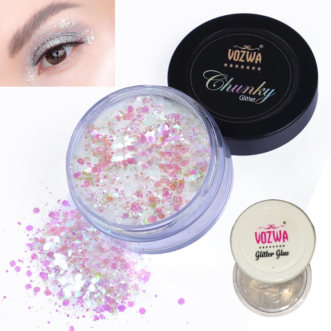 White EyeShadow Thik & Thin Chunky Glitter Beautiful & Sparkle Glossy Finish with Glitter Glue