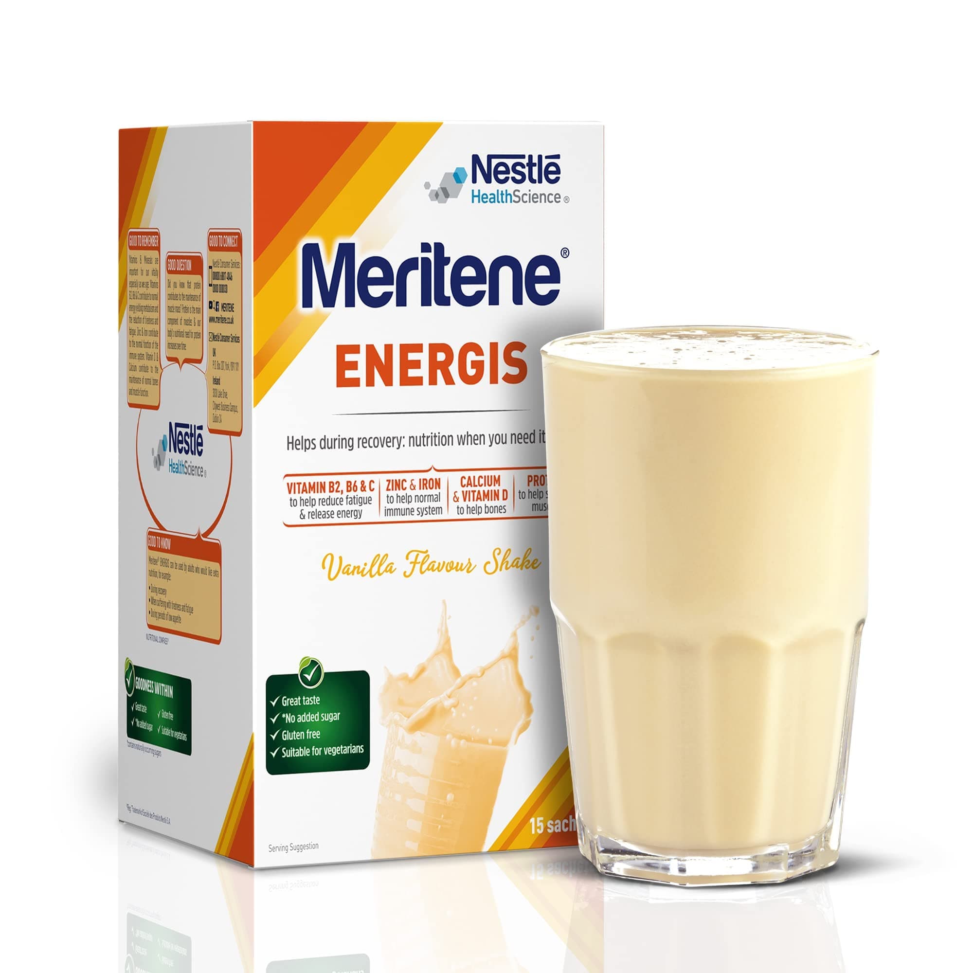Meritene Energis Vanilla Protein Shake | 30g Powder Sachets, Pack of 15 | Nutritional Support Mix with Proteins and Minerals | With Vitamin D, B & K