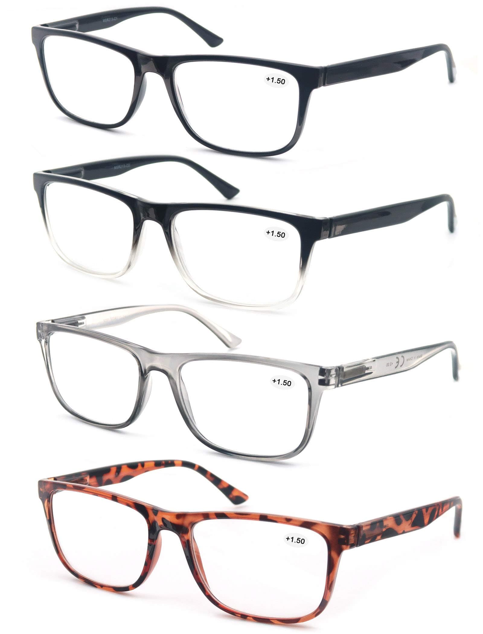 Reading Glasses 1.5 Oversized Large Square Men Readers 4 Pack,Lightweight Cheaters Glasses W/Comfortable Spring Hinges