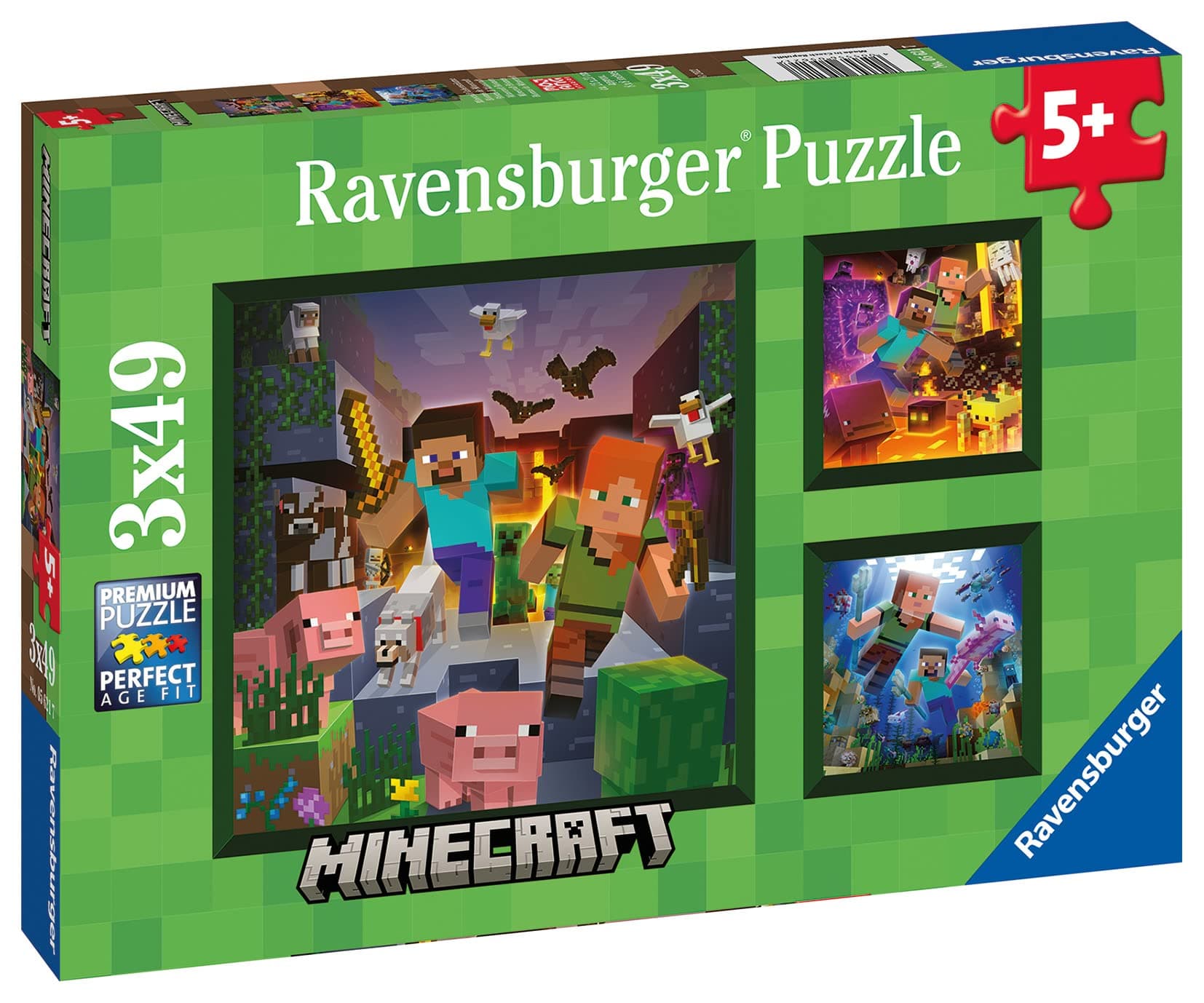 Ravensburger Minecraft Kids Jigsaw Puzzles 3 Pack, 3-in-1 Set - 3 x 49 Piece Puzzles featuring Steve, Alex & Creeper in pixel art, Ages 5+, Birthday