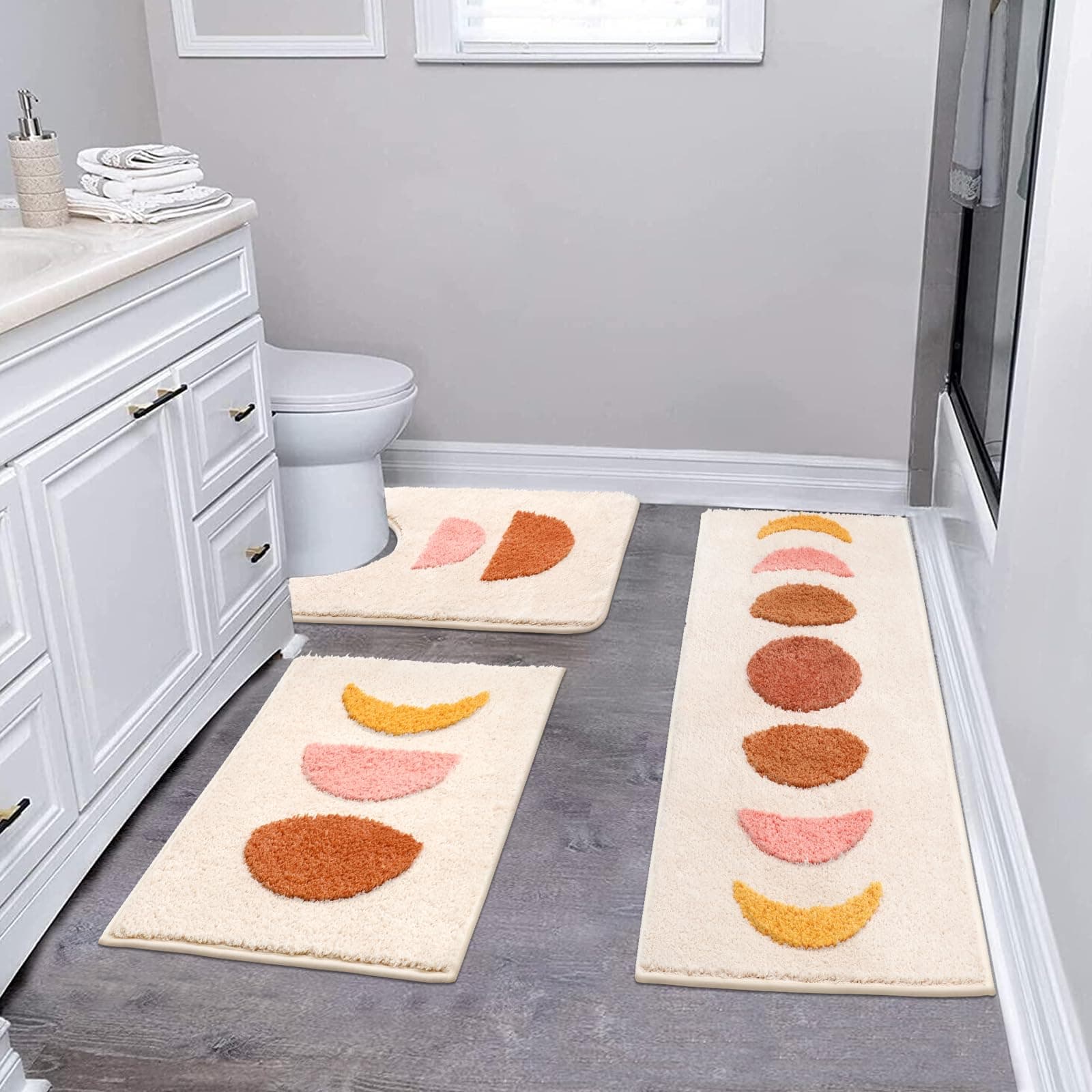 Boho Bathroom Set - 3 Piece Non Slip Microfiber Mats, Absorbent Shower & Toilet Rugs, Bohemian Bathroom Runner