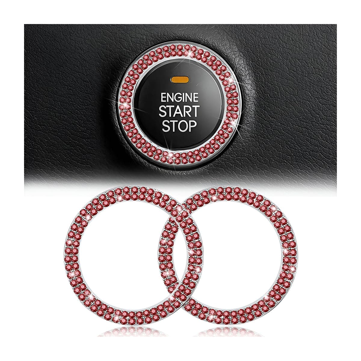 Car Bling Crystal Rhinestone Engine Start Ring Decals, 2 Pack Car Push Start Button Cover/Sticker, Key Ignition Knob Bling Ring, Sparkling Car Interior Accessories for Women (Double Red)