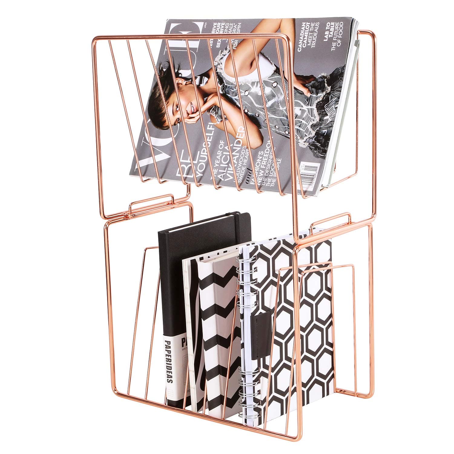 Simmer Stone Magazine Holder Rack, 2 Tier File Sorter Organizer with 8 Sections, Wire Desk Magazine Storage Basket for Mails, Documents, Folders and Books, Rose Gold