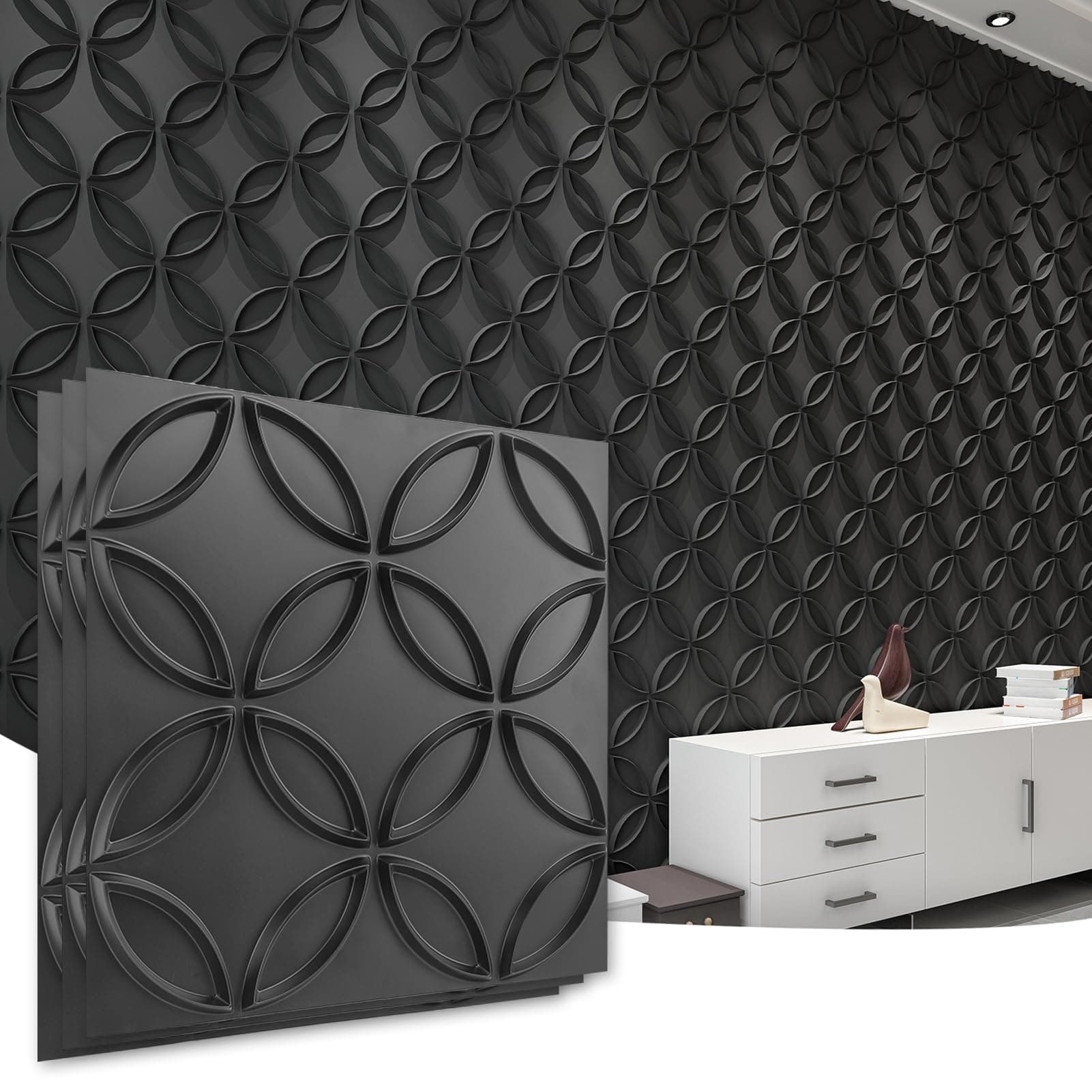 PVC 3D Wall Panel Interlocked Circles in Matt Black Cover 32 Sq.ft, for Interior Ceiling and Wall Decor for Residential or Commerical, 19.7''×19.7''