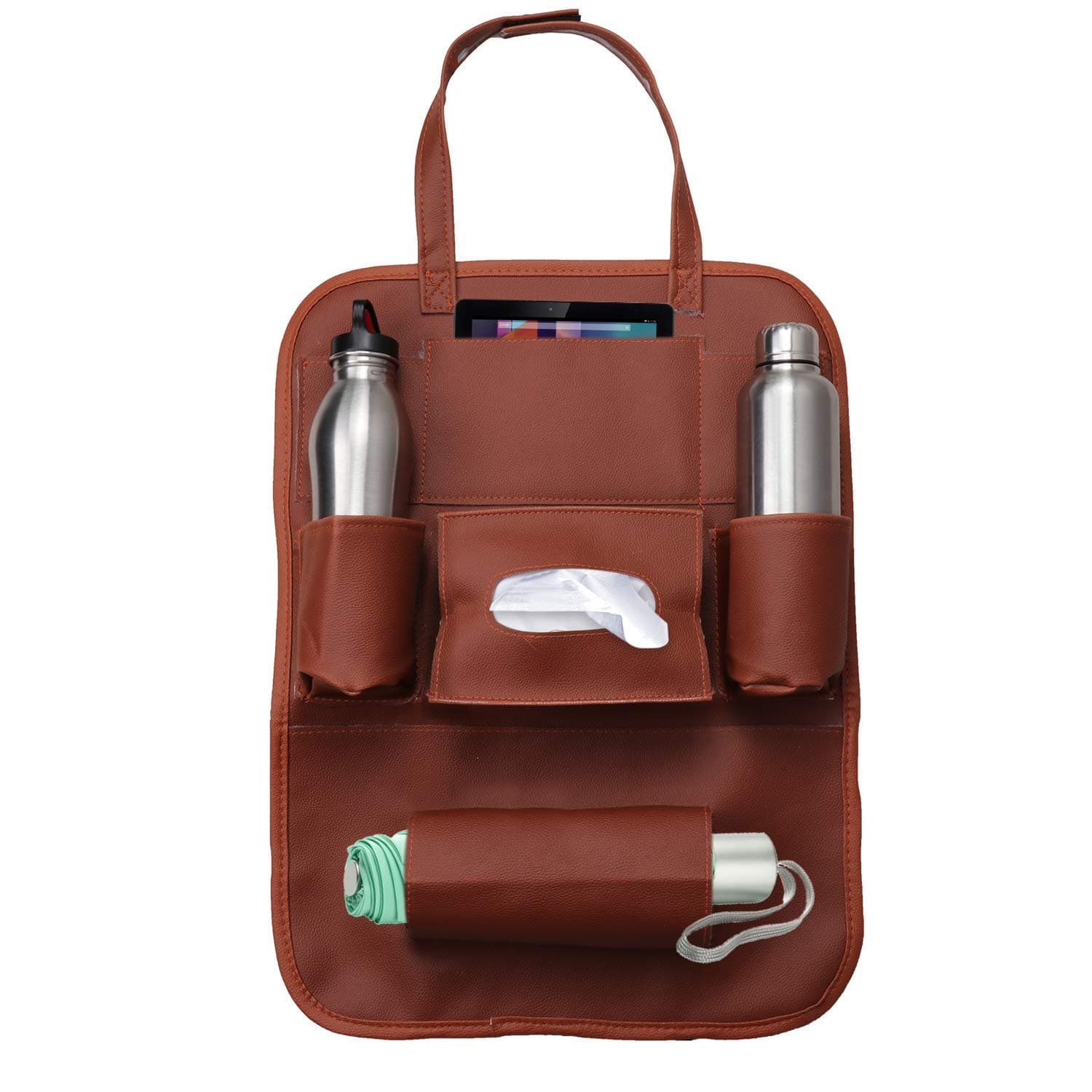 Thump Car Auto Seat Back Multi Pocket Organizer PU Leather with iPad Mini Holder Backseat Hanger Accessory (Tan, Pack of 1)