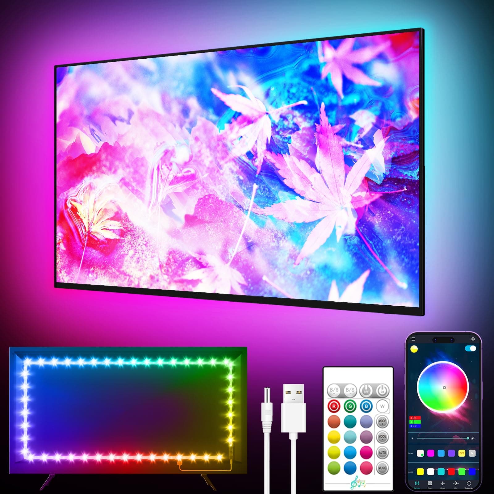 GIPOYENT TV Light Strip, Music Sync LED TV Backlights, for 32-50 Inch TV, LED TV Light with Bluetooth Function - RGB Color Changing Light Strip for Home Theater (9.8ft)