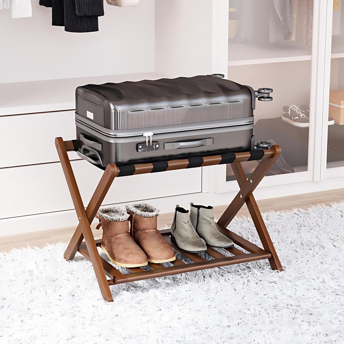 Smart FENDEE Bamboo Luggage Rack Fully Assembled, Walnut Folding Suitcase Stand with Shoe Shelf, Heavy-Duty Luggage Holder for Guest Room Must Haves, Bedroom, Hotel