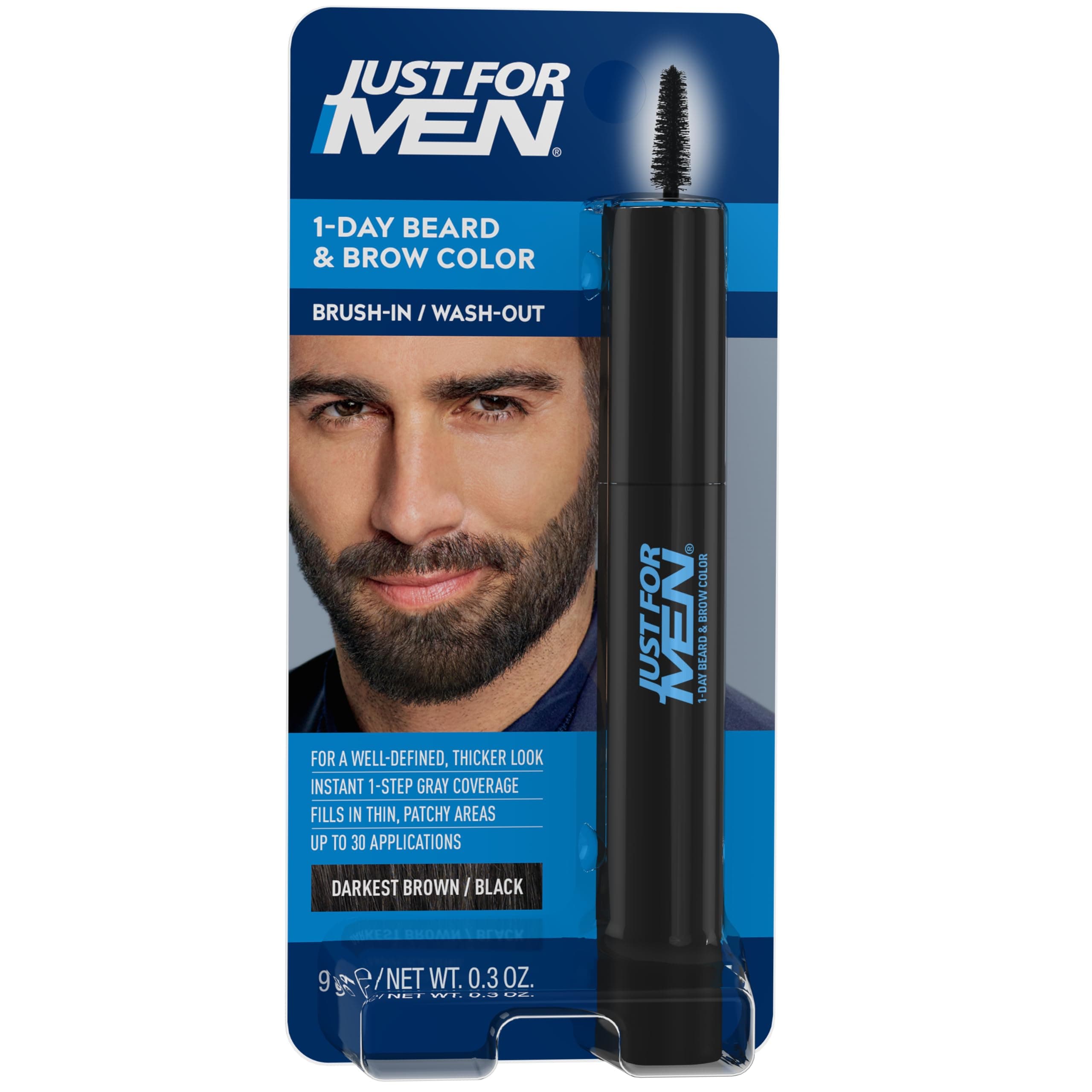 Just for Men 1-Day Beard & Brow Color, Temporary Color for Beard and Eyebrows, For a Fuller, Well-Defined Look, Up to 30 Applications, Darkest Brown/Black