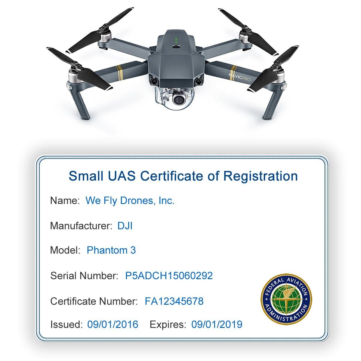 Generic Drone FAA UAS Registration ID Card for Part 107 Pilots