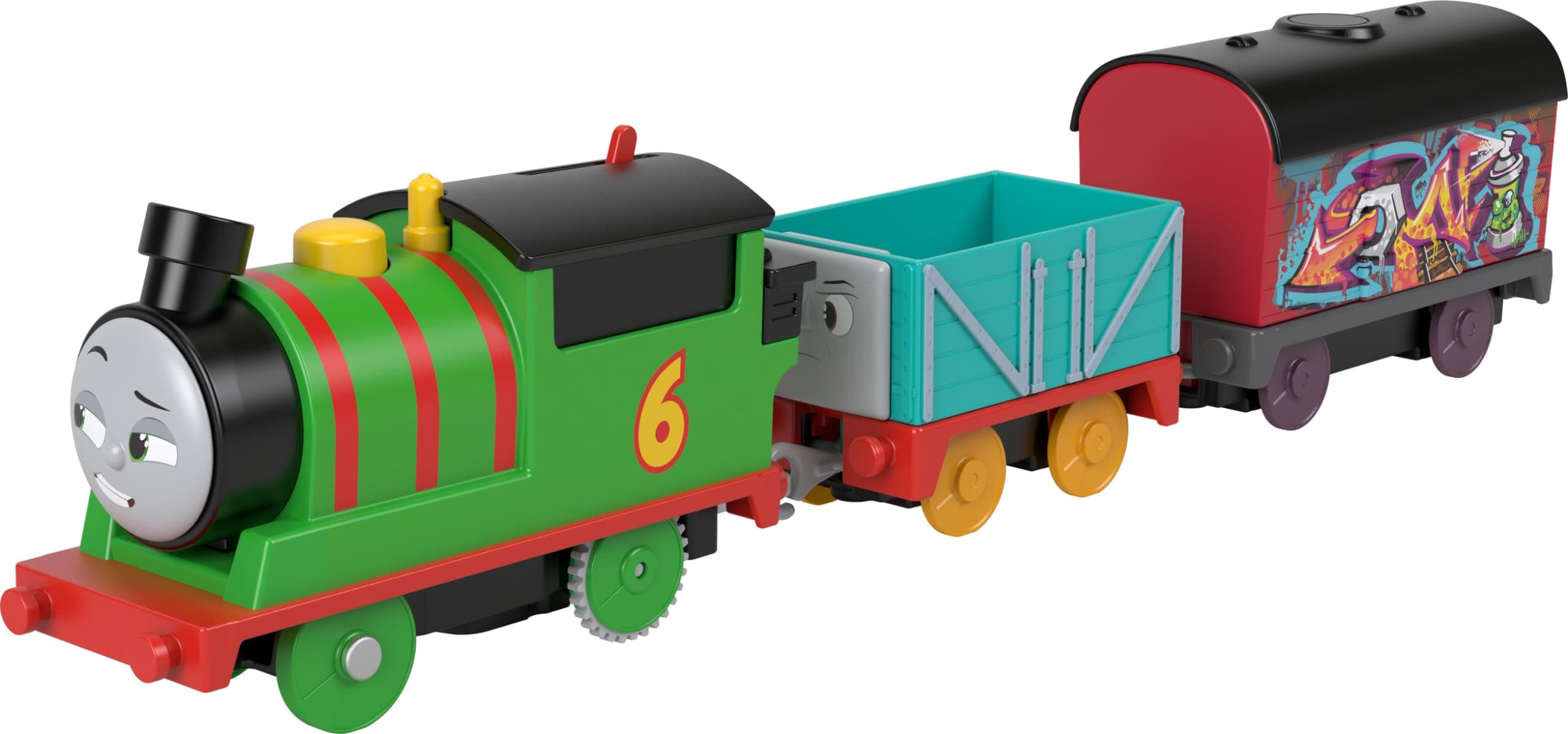 Thomas & Friends Motorized Toy Train Graffiti Percy Battery-Powered Engine with 2 Cargo Cars for Preschool Kids Ages 3+ Years
