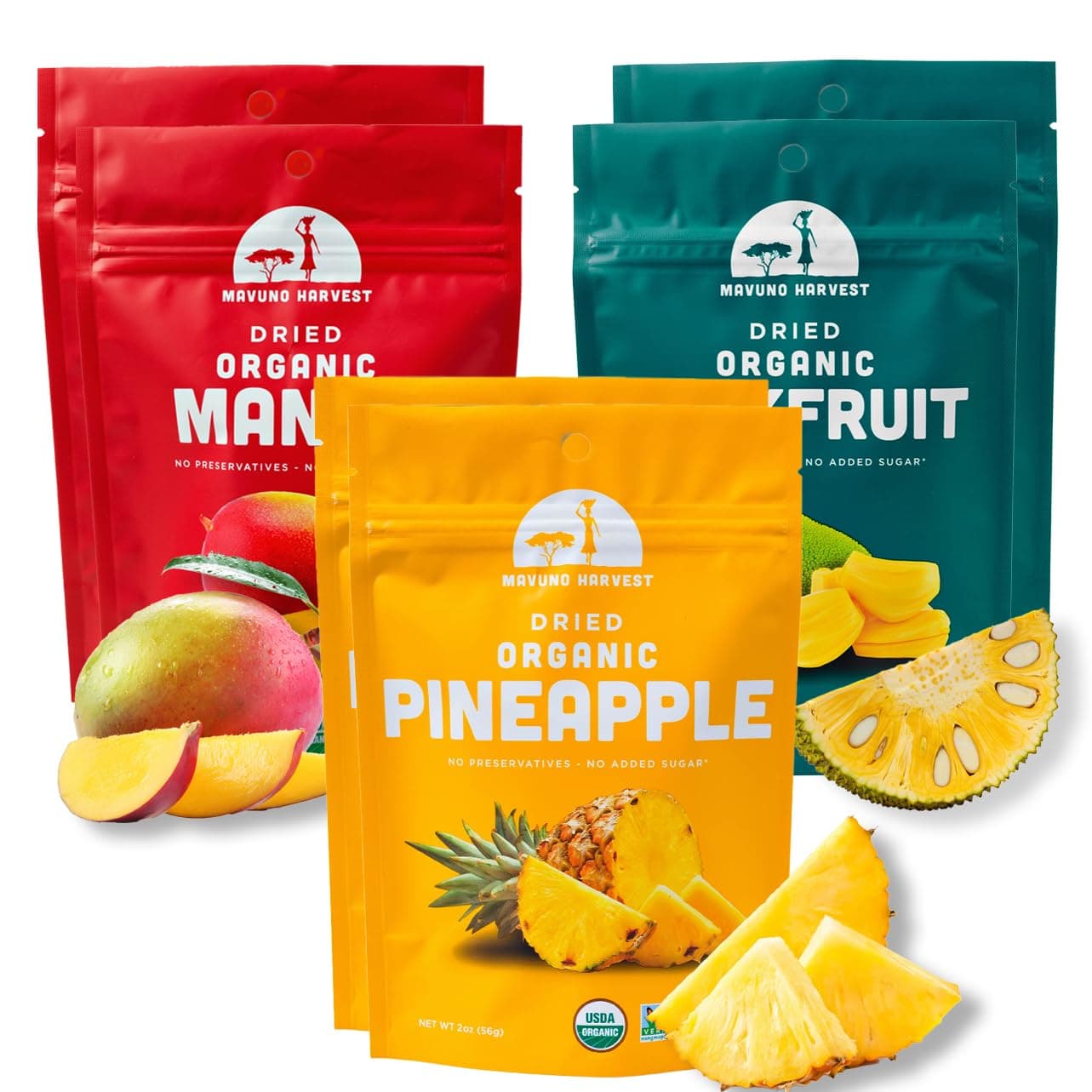 Mavuno Harvest Organic Dried Fruit Variety Pack | Dried Mango, Pineapple, and Jackfruit | Healthy, Vegan, No Sugar Added, Non GMO Snacks for Kids & Adults | 2 Ounce, Pack of 6