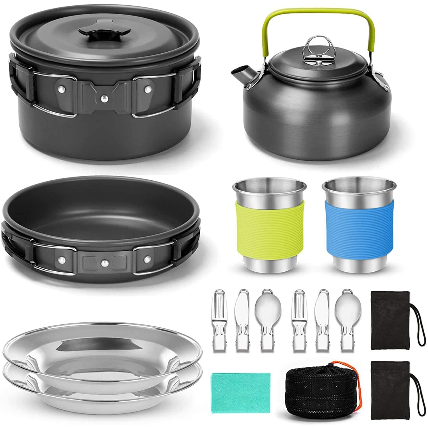 Arabest 15pcs Camping Cookware Mess Kit - Non-Stick Pot and Pan Kettle Set with Stainless Steel Cups Plates Forks Knives Spoons, Camping Cooking Set for Camping, Outdoor Cooking and Picnic