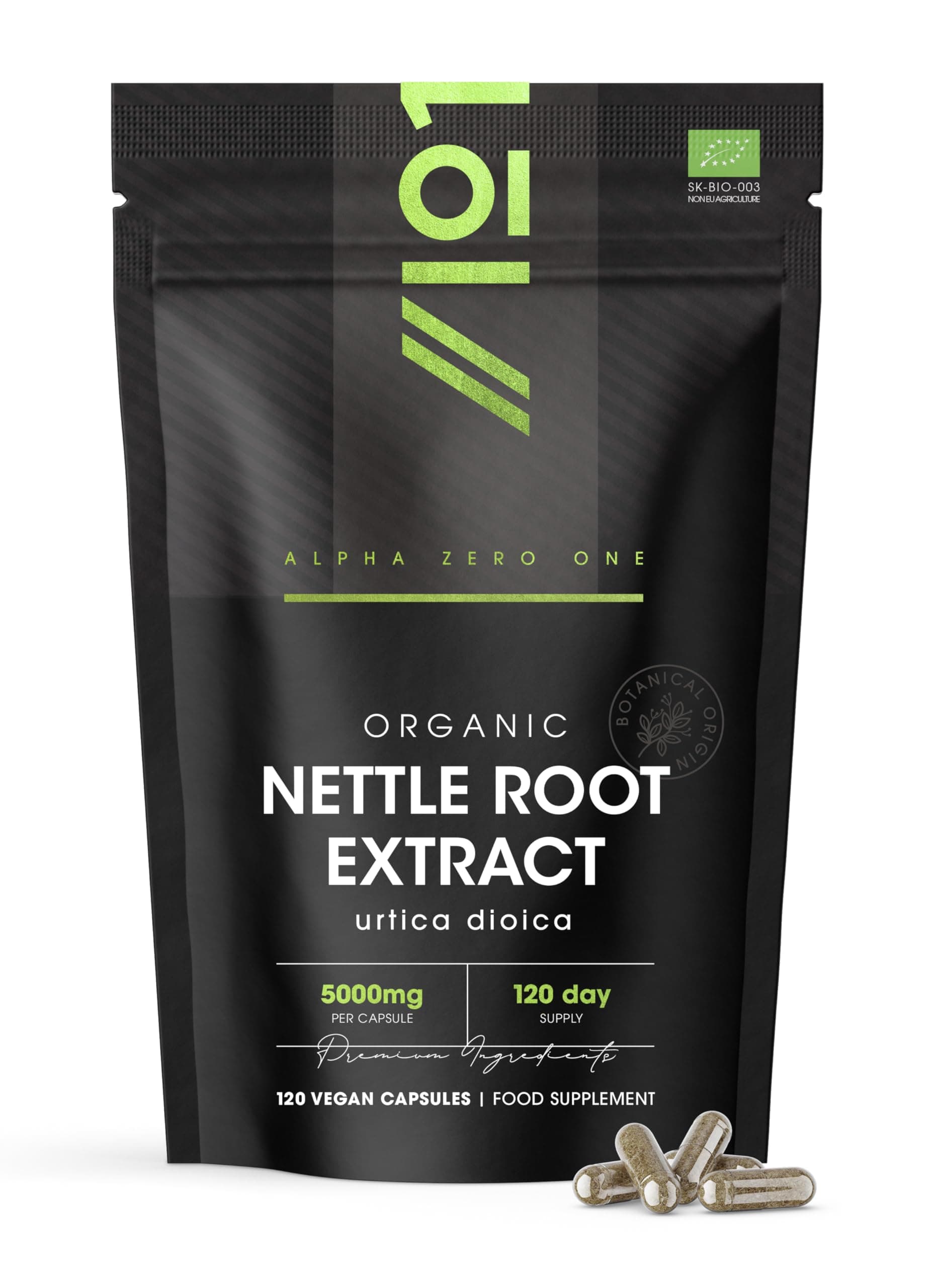 Organic Nettle Root Extract 5000mg - Potent Urtica Dioica Extract Formula - 120 Vegan Capsules – Resealable and Recyclable Pouch by Alpha01