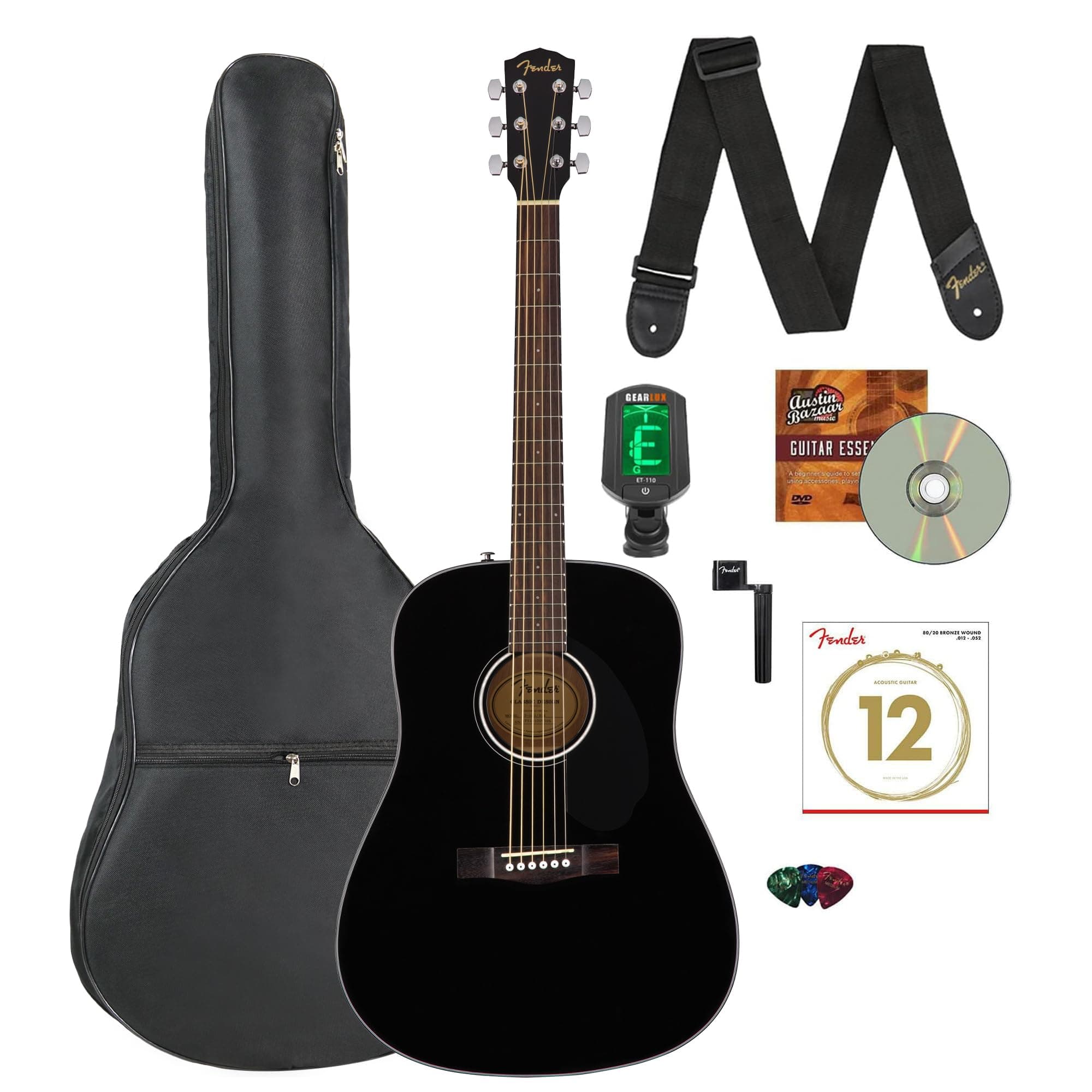 Fender Classic Design Dreadnought Guitar - Black Bundle with Gig Bag, Tuner, Strap, Strings, String Winder, Picks, and Austin Bazaar Instructional DVD