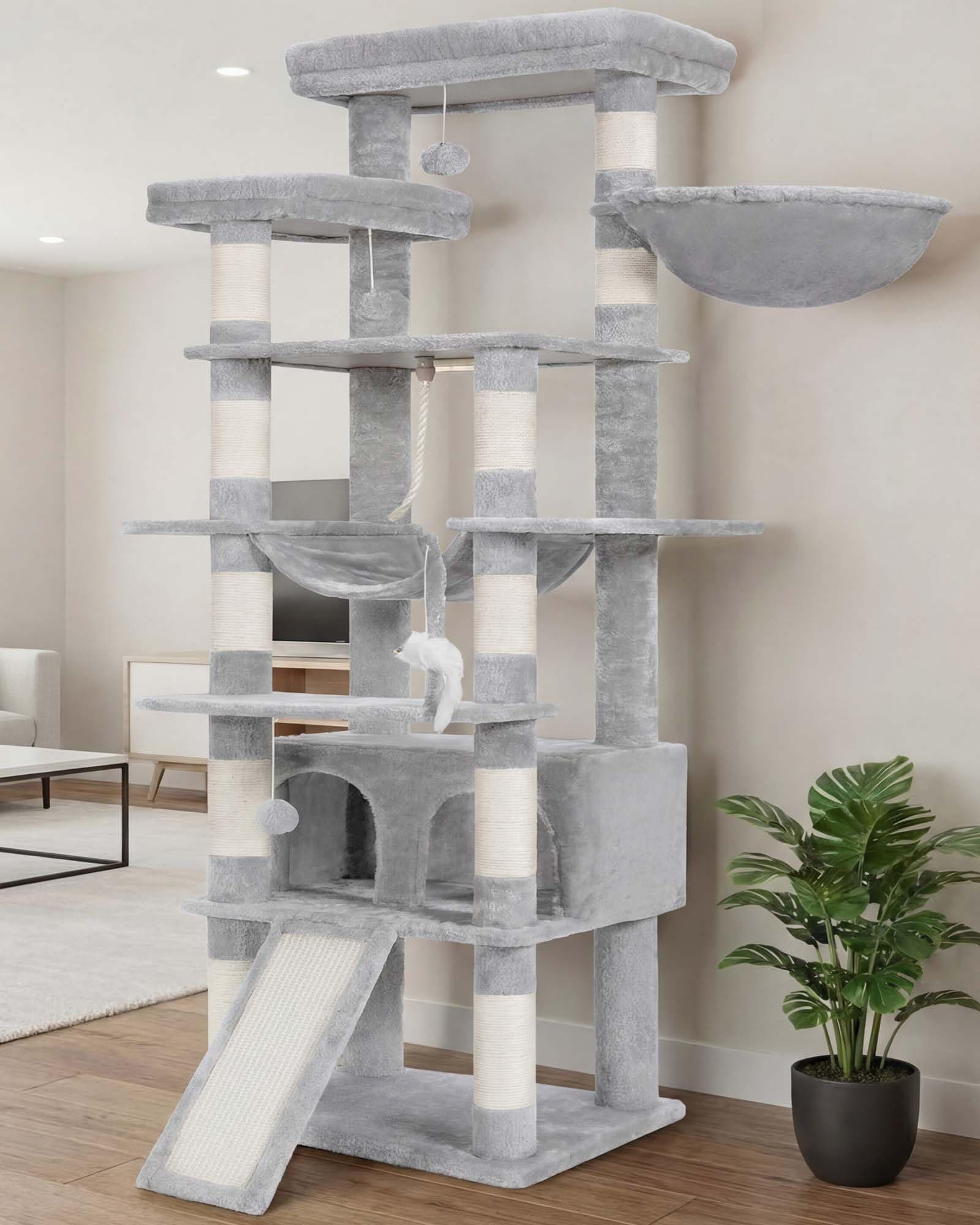 Heybly Hebly Tall Cat Tree for Large Cats 20lb Heavy Duty,78 inch Multi-Level Cat Tower for Indoor Cats,2 Widened Plush Perches Cat Condo with Scracthing Board and Big Caves,Light Gray HCT033W