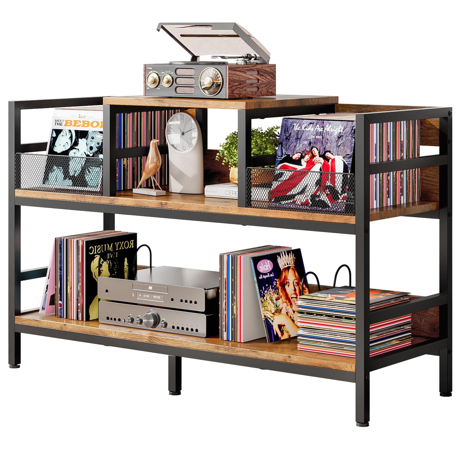 Record Player Stand, Vinyl Record Player Storage Cabinet Up to 350 Albums, Turntable Stand Record Player Table with 4 Dividers, Record Holder for Living Room Bedroom (Vintage Brown)